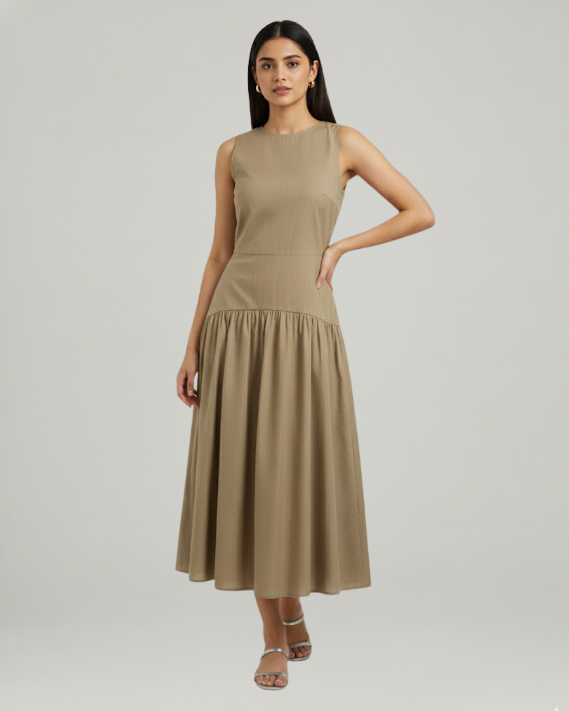 Cotton Ruffle Maxi Dress with Round Neckline-Beige