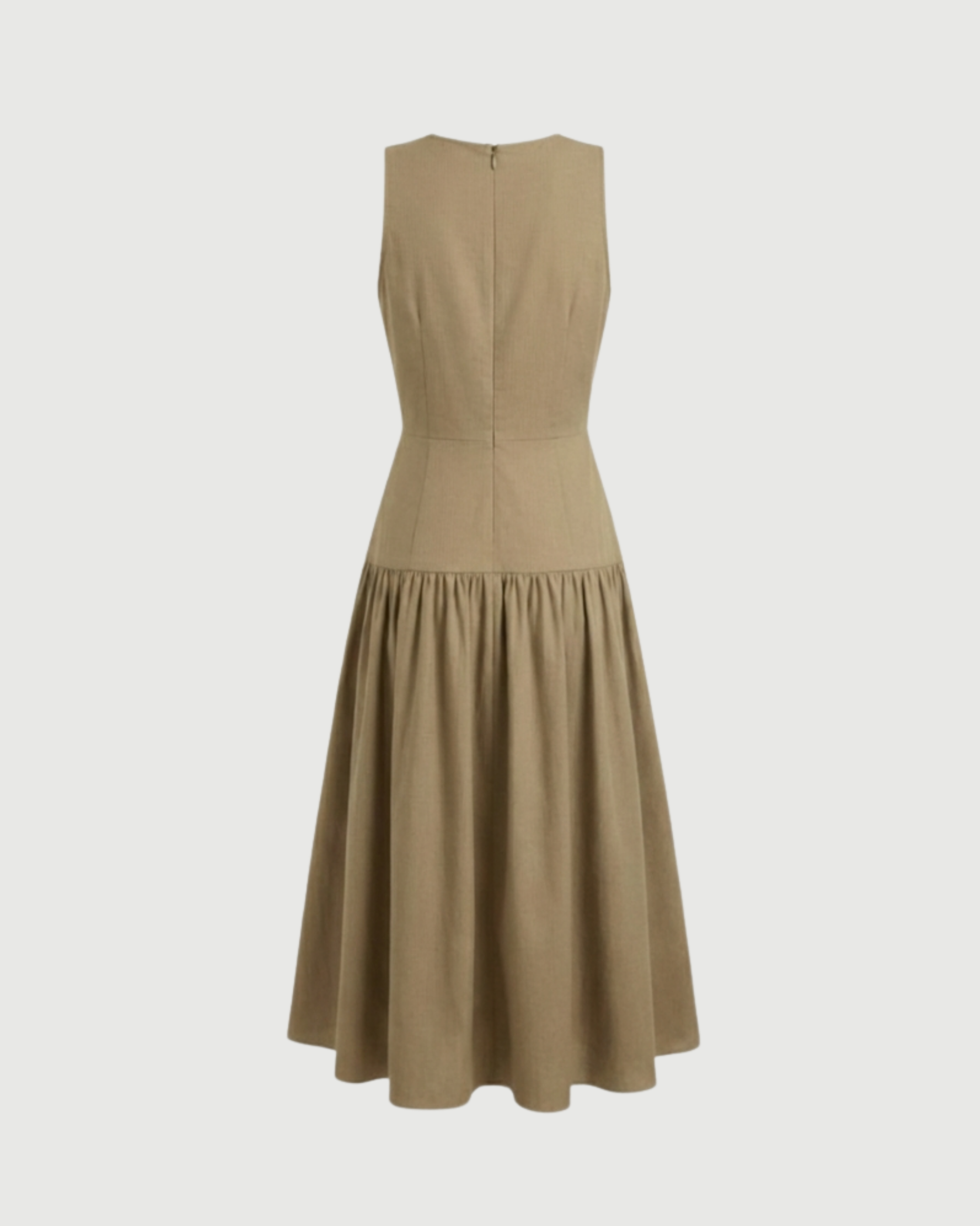 Cotton Ruffle Maxi Dress with Round Neckline-Beige