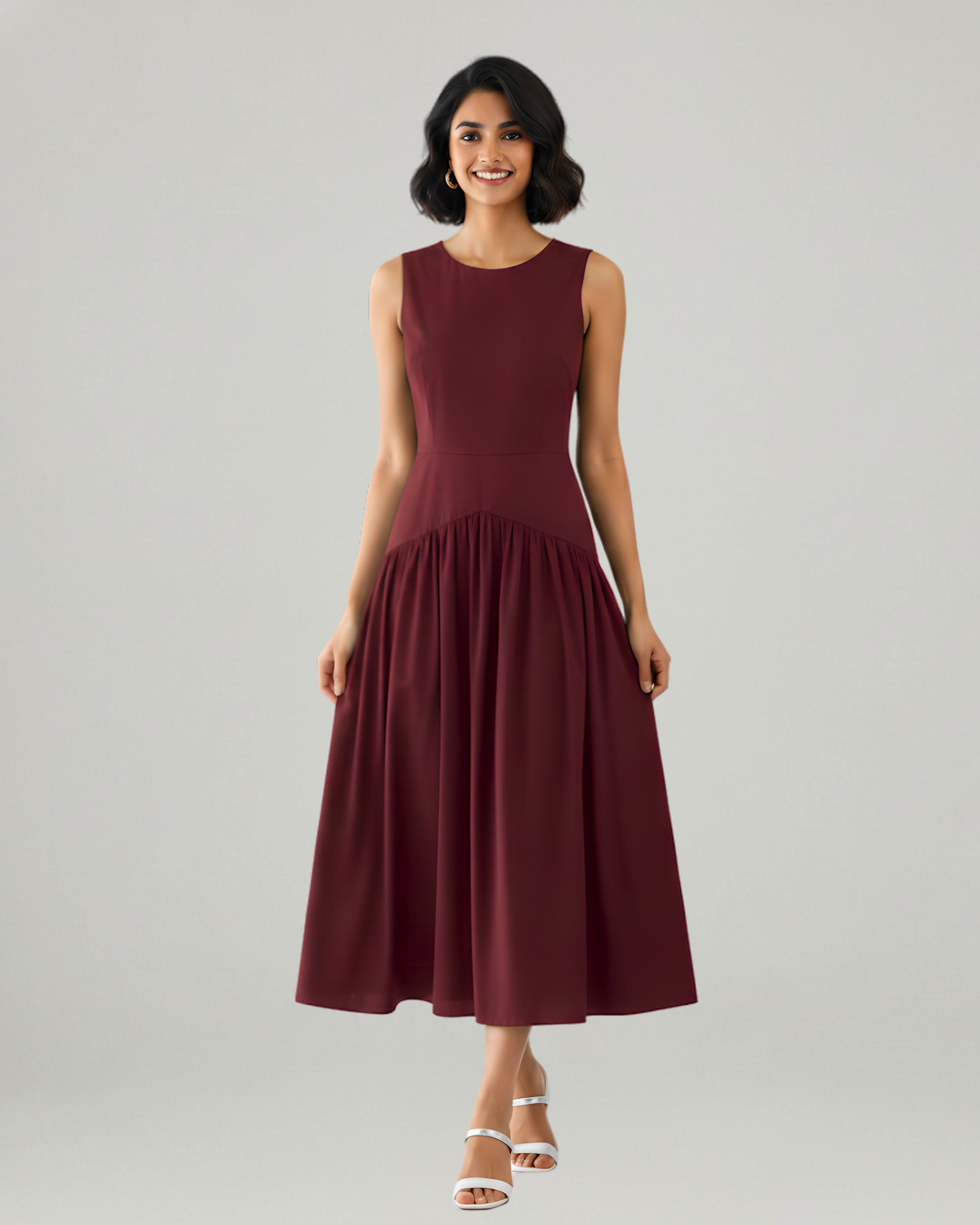 Cotton Ruffle Maxi Dress with Round Neckline-Maroon