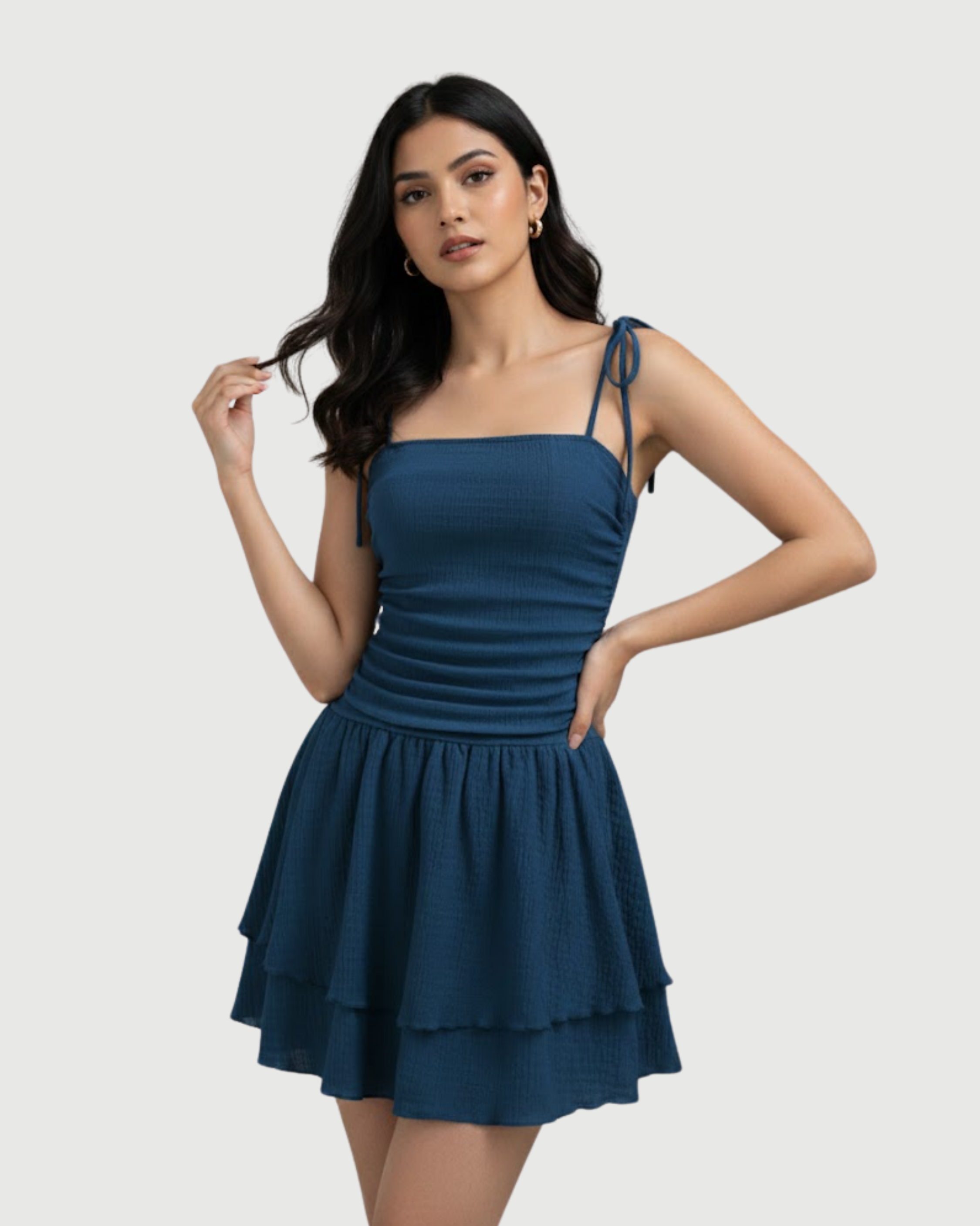 Ruched Knotted Mini Dress with Square Neckline-Blue