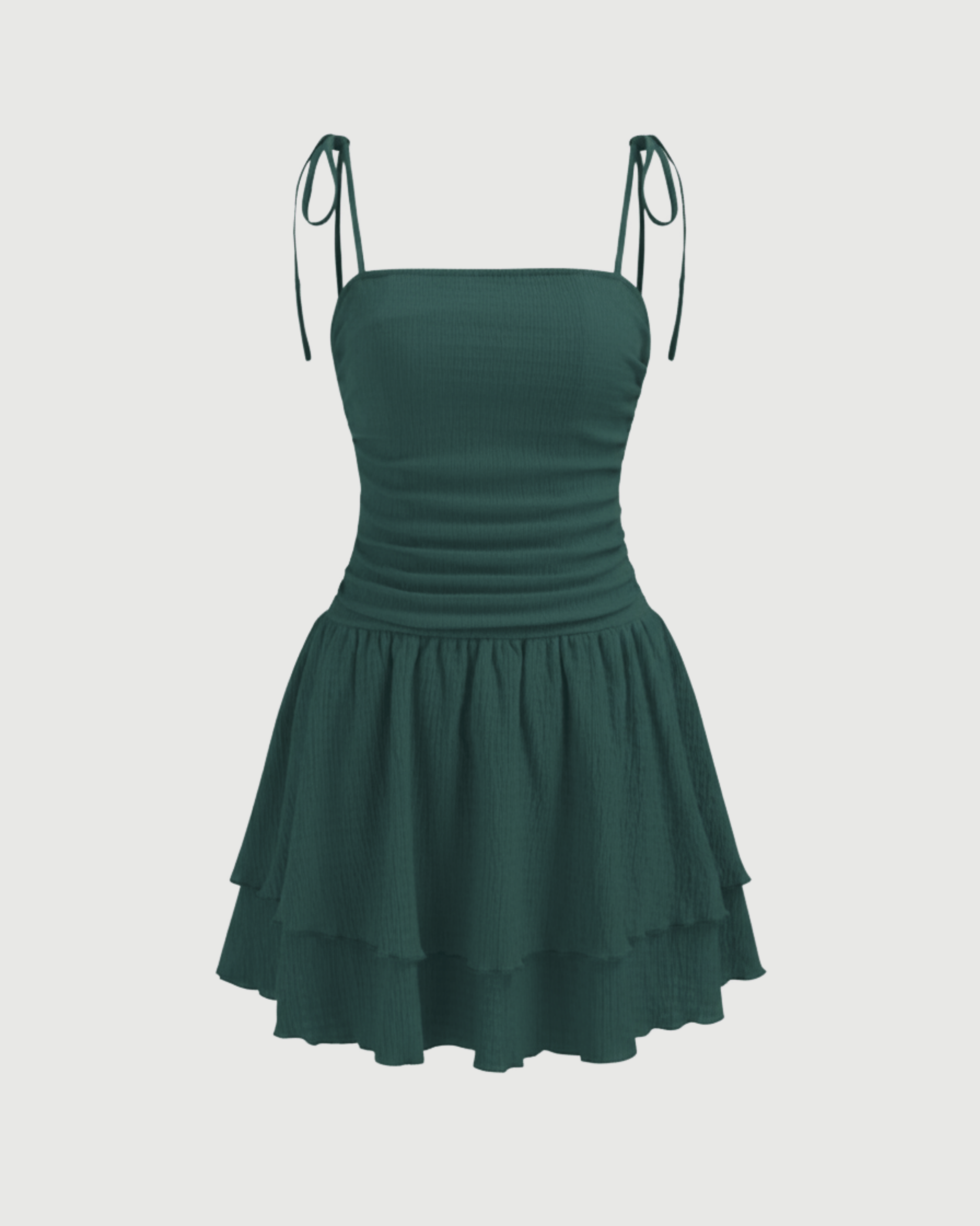 Ruched Knotted Mini Dress with Square Neckline-Dark Green