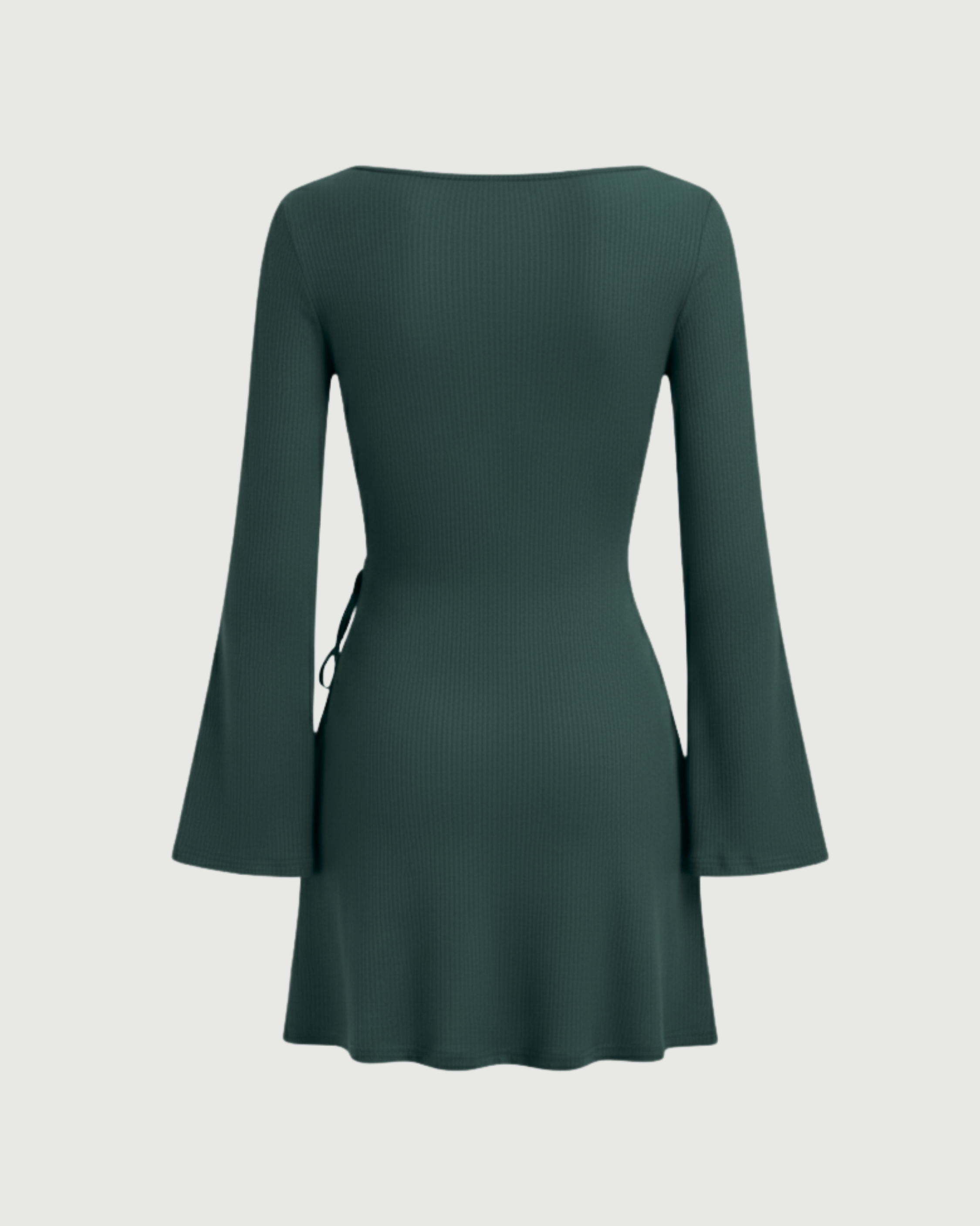 Wrap-Style Ruched Mini Dress with Bell Sleeves-Dark Green