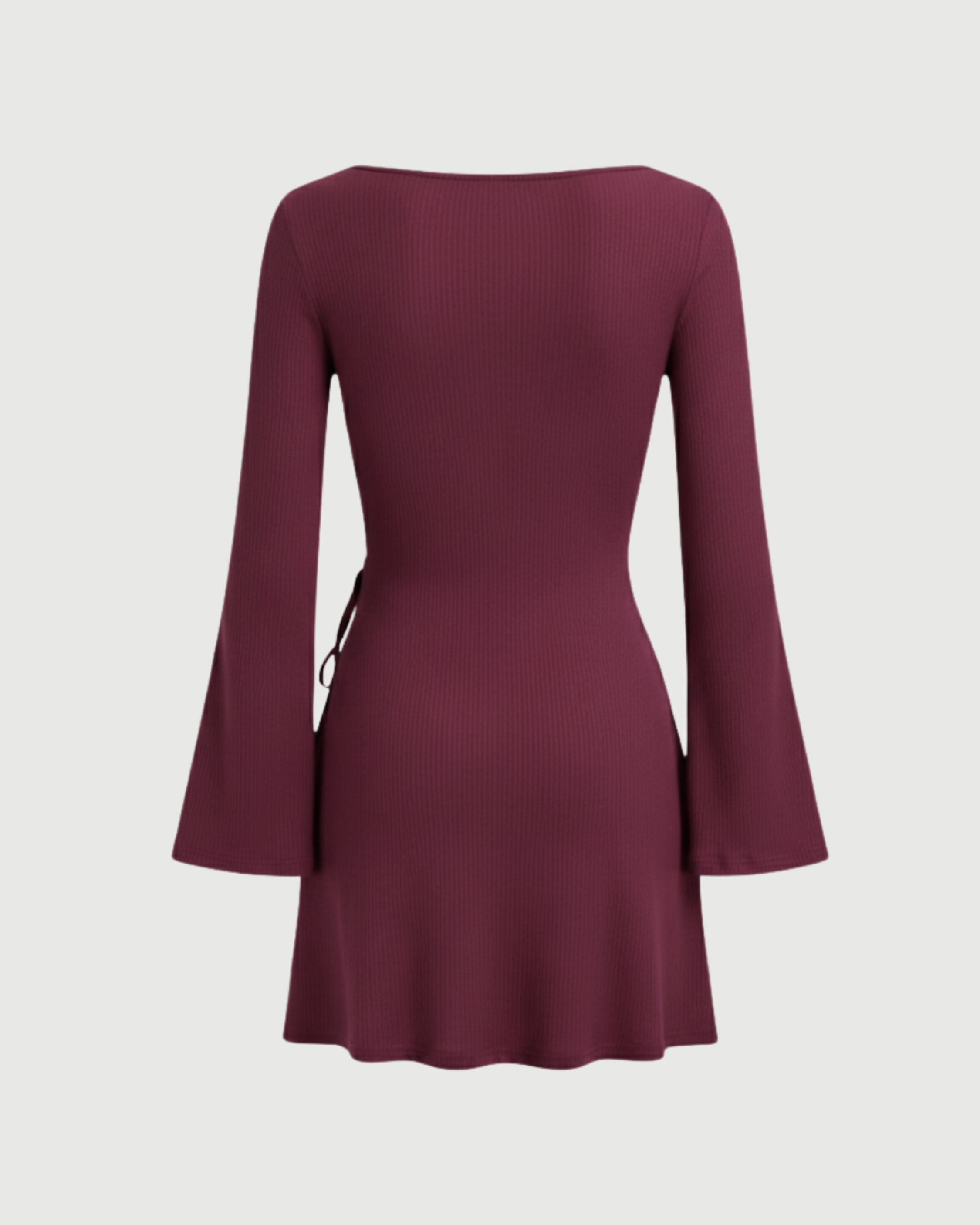 Wrap-Style Ruched Mini Dress with Bell Sleeves-Maroon