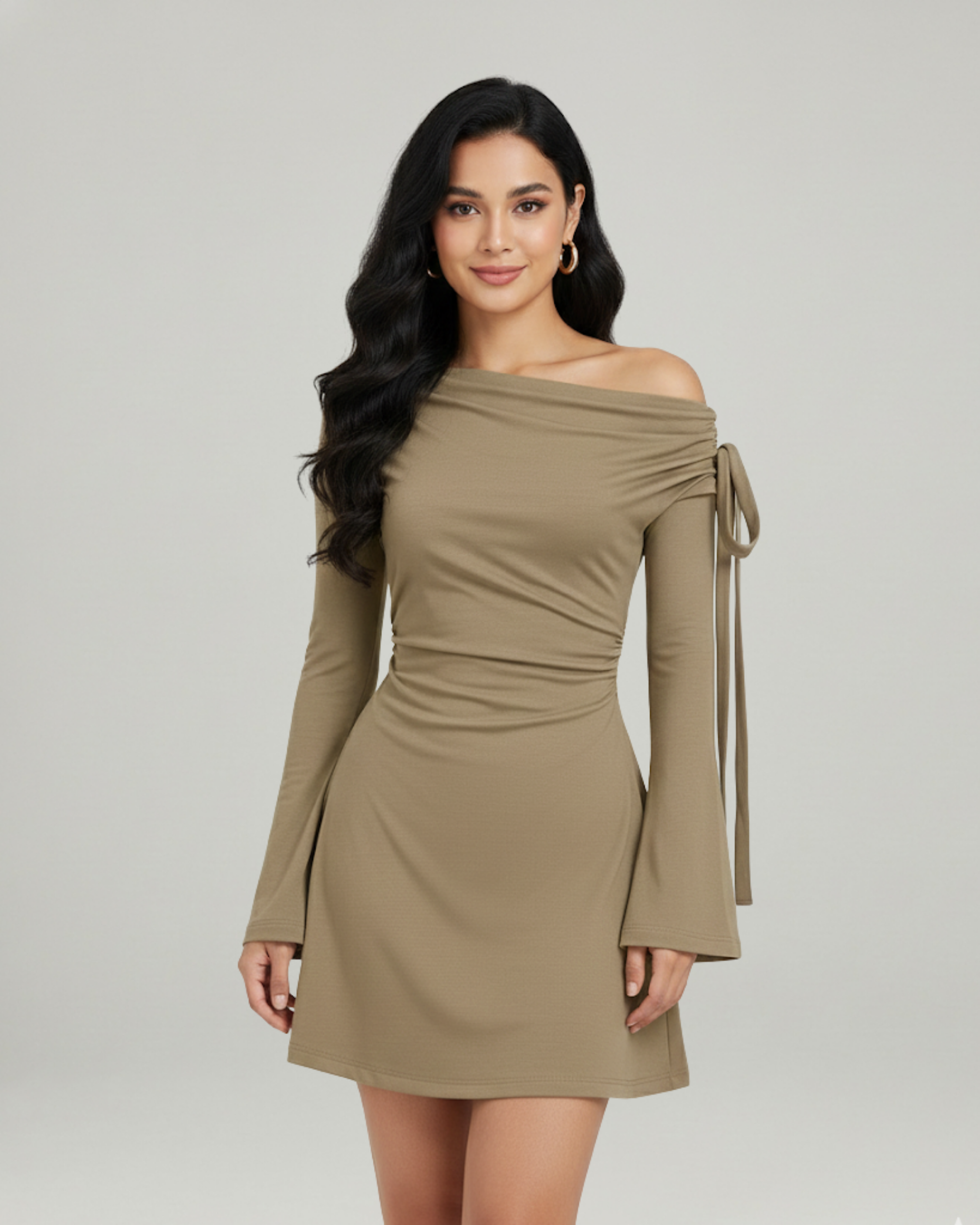 Asymmetrical Ruched Mini Dress with Knot Detail- Beige
