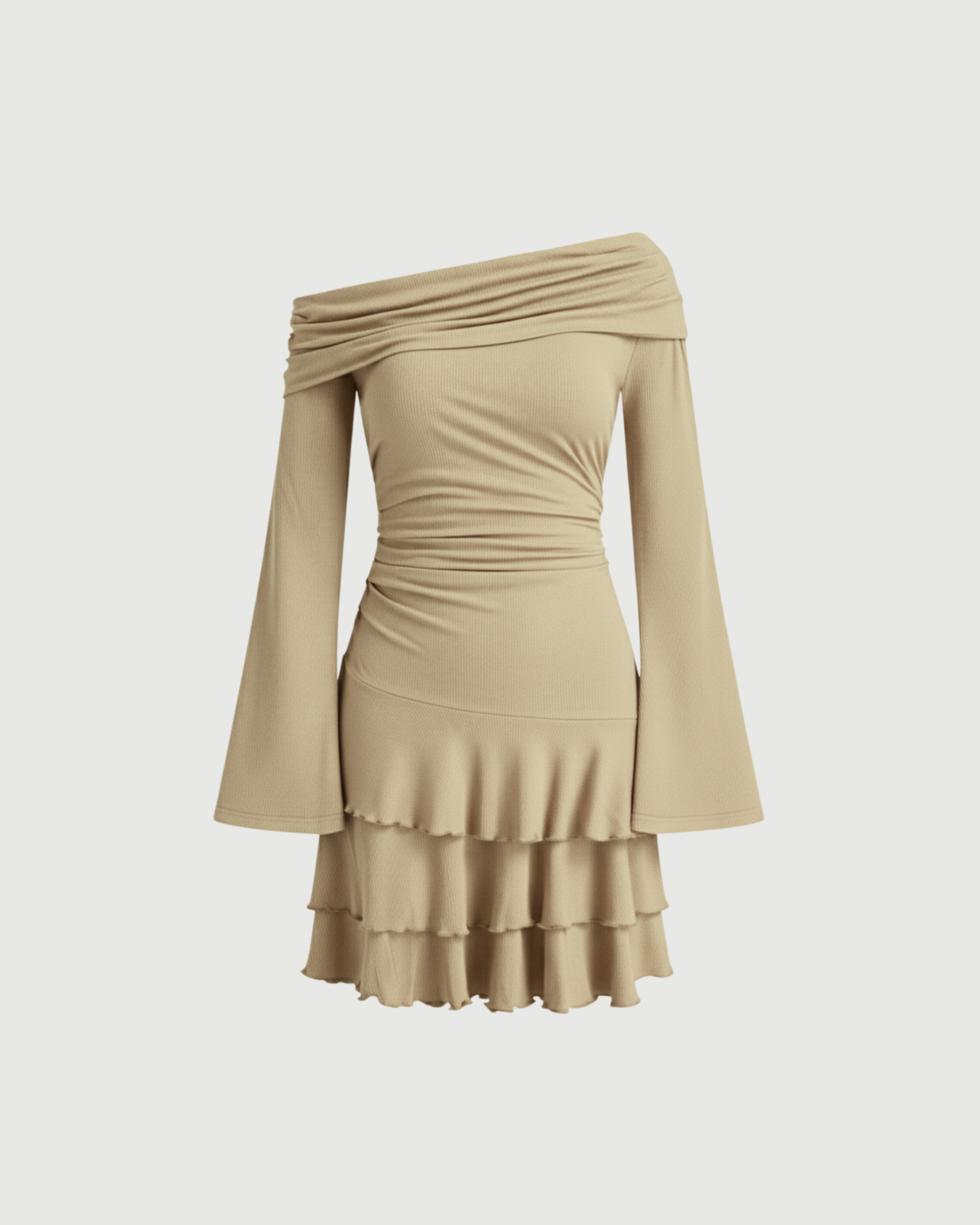 Layered Ruched Mini Dress with Asymmetrical Neckline-Beige