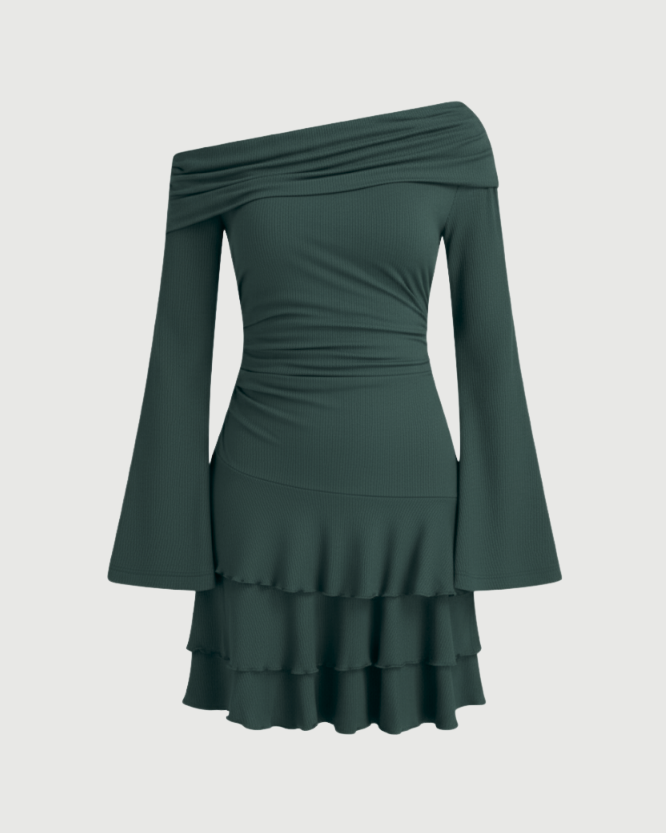 Layered Ruched Mini Dress with Asymmetrical Neckline-Dark Green
