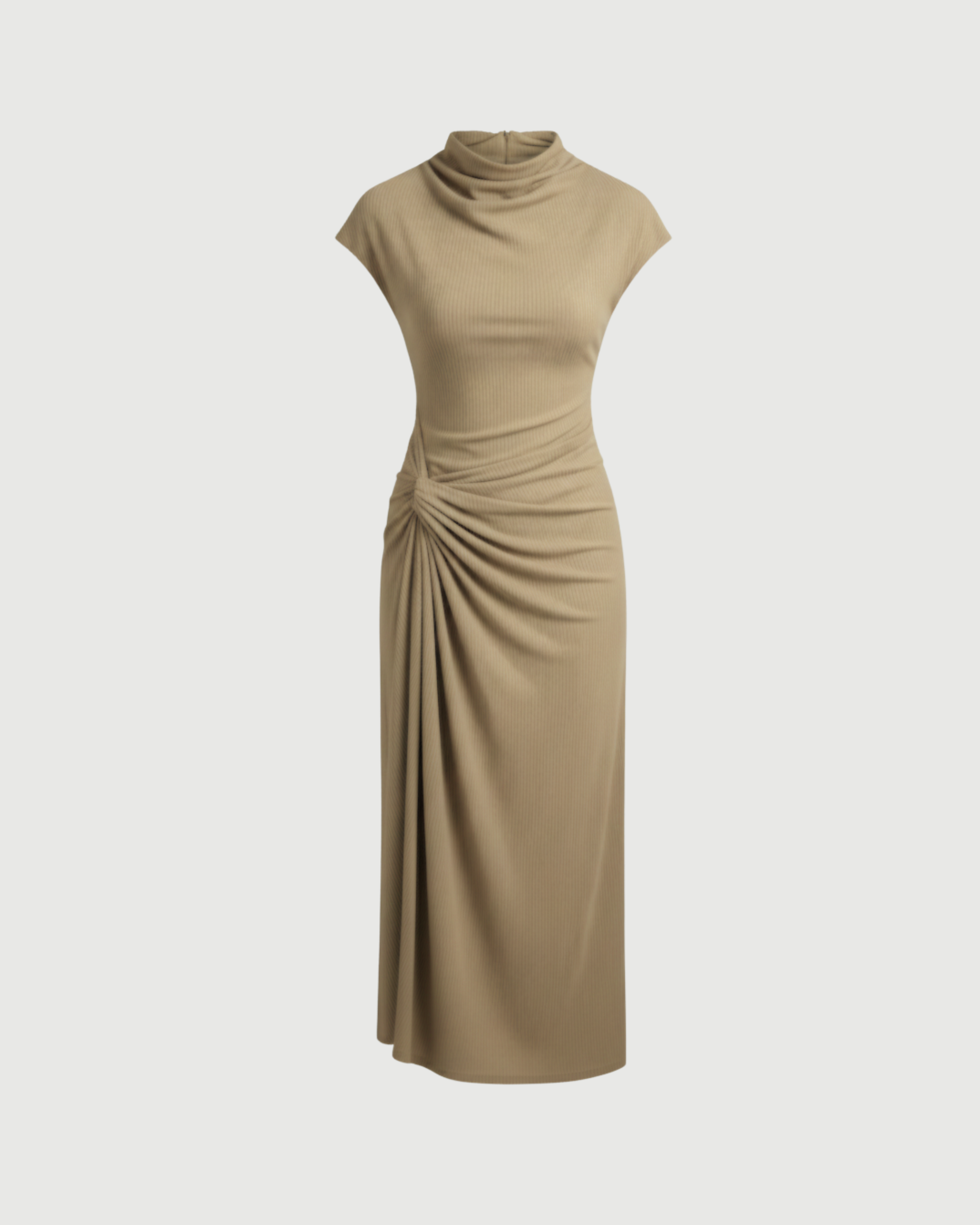 High-Neck Ruched Maxi Dress-Beige