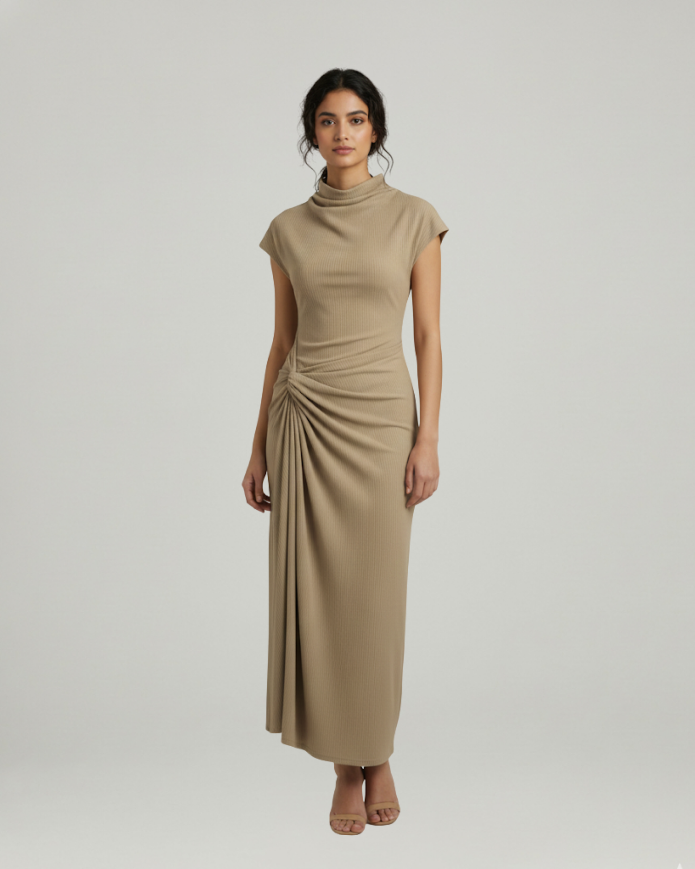 High-Neck Ruched Maxi Dress-Beige