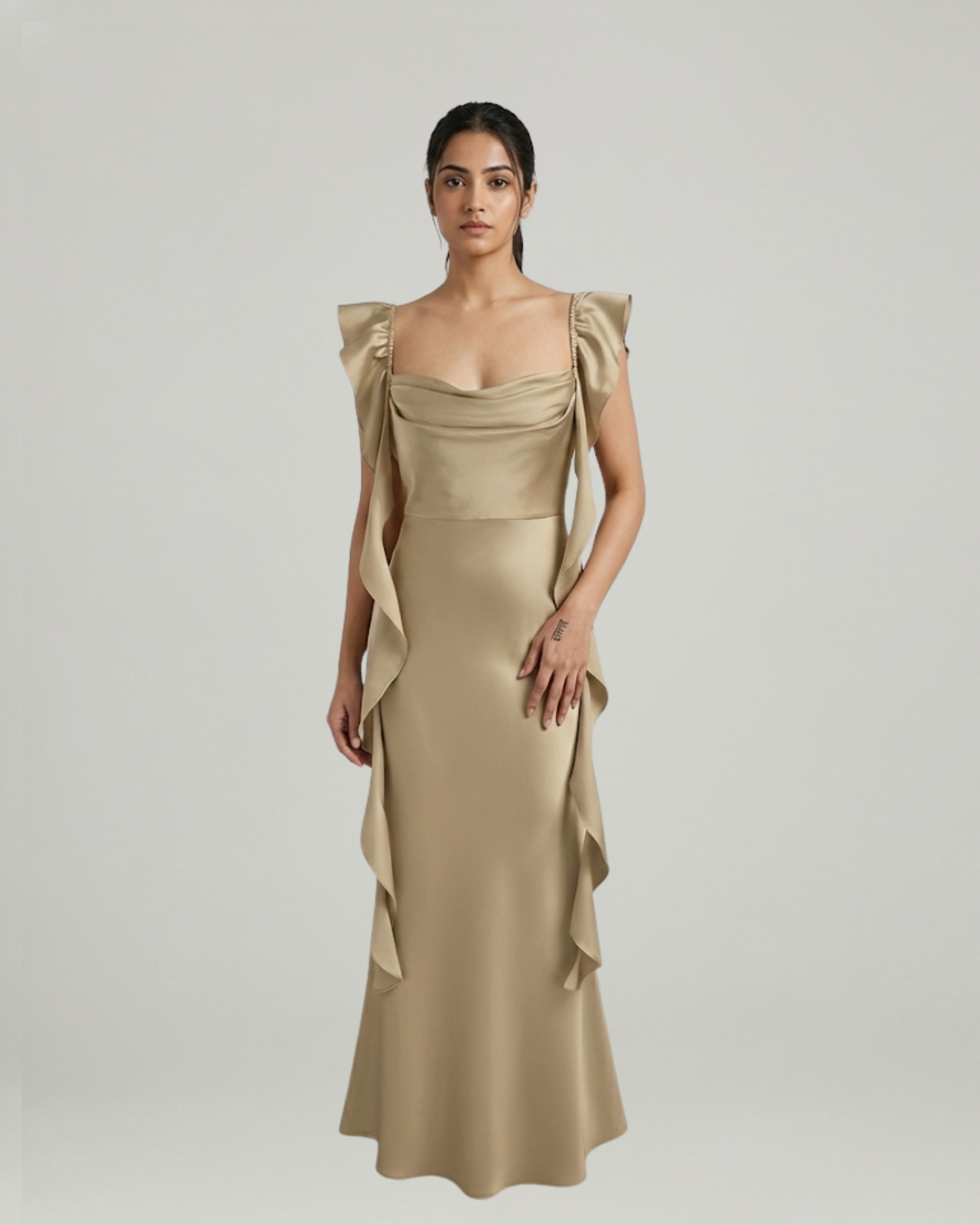 Satin Maxi Dress with Cowl Neck and Ruffle Hem-Beige