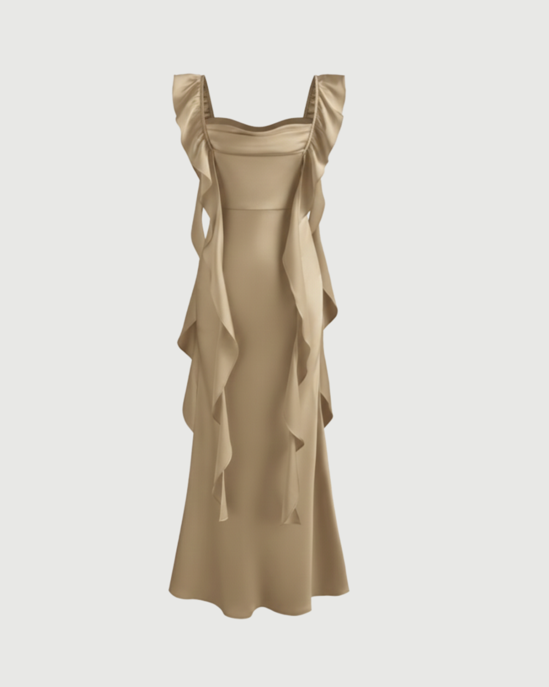 Satin Maxi Dress with Cowl Neck and Ruffle Hem-Beige