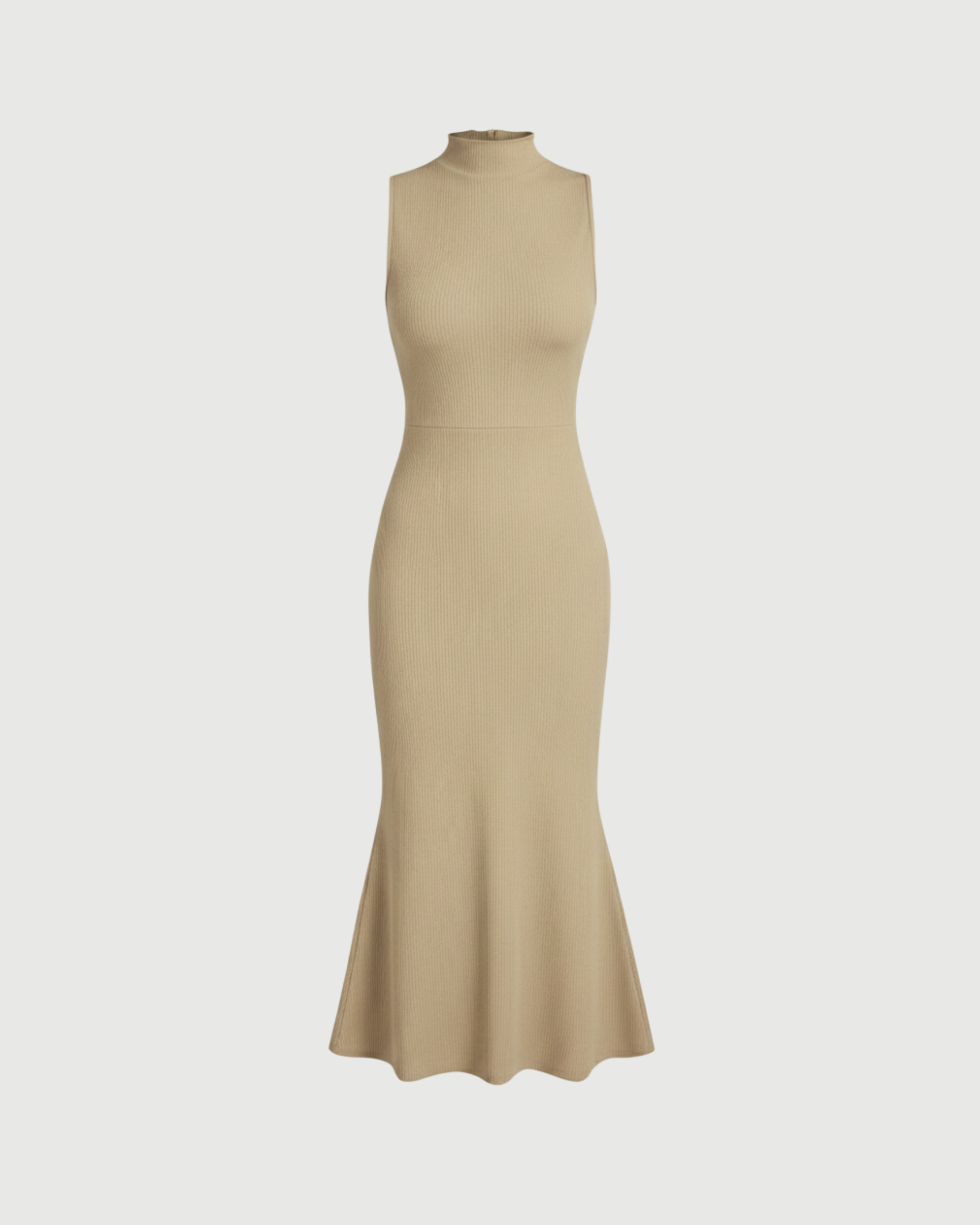 High-Neck Mermaid Silhouette Maxi Dress-Beige