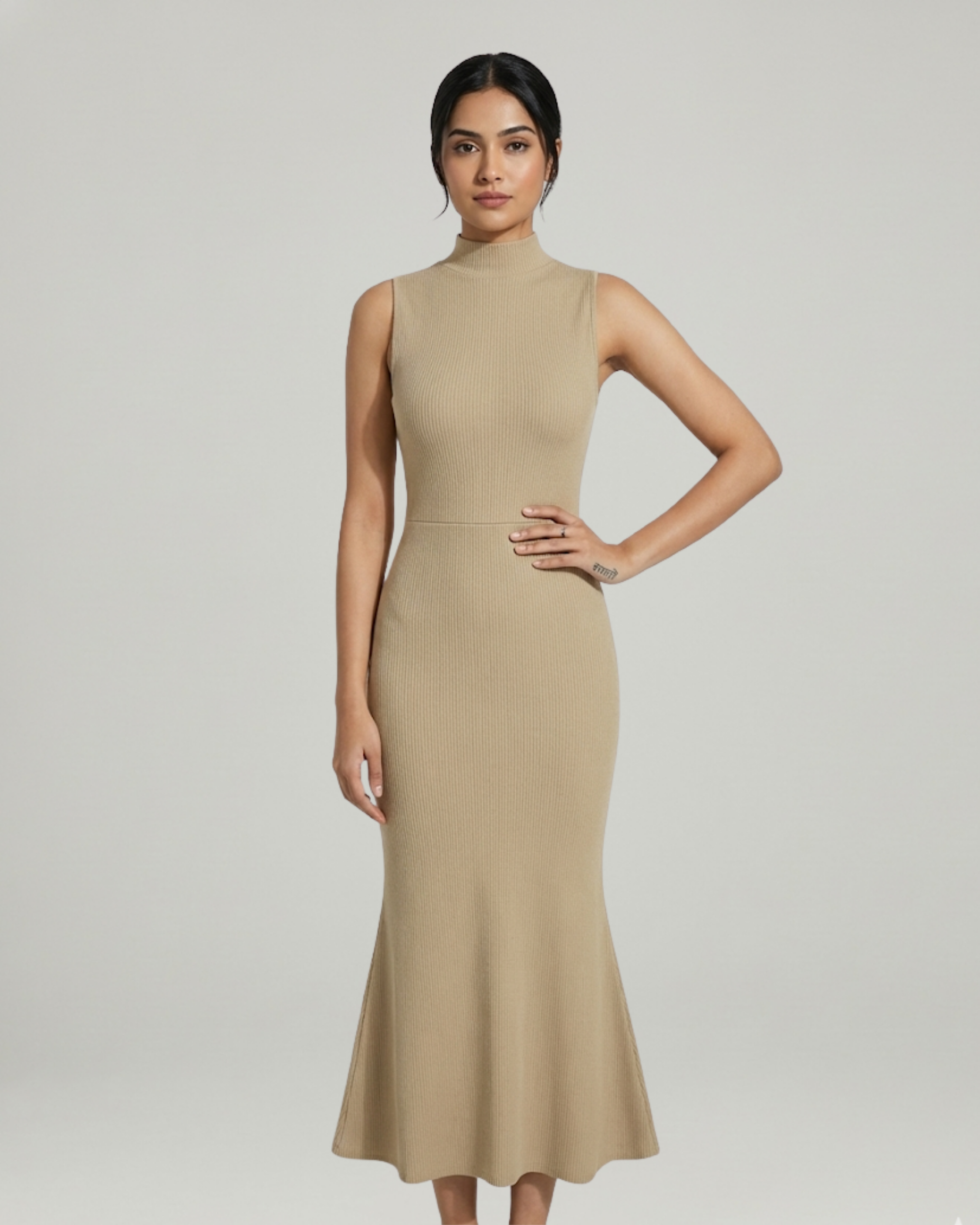 High-Neck Mermaid Silhouette Maxi Dress-Beige