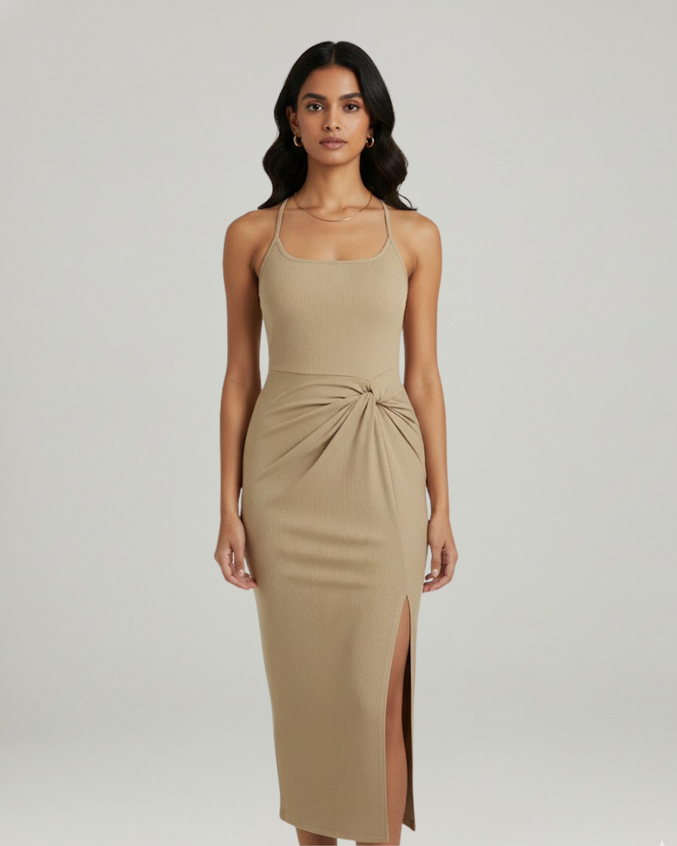 Criss-Cross Twist U-Neck Maxi Dress-Beige