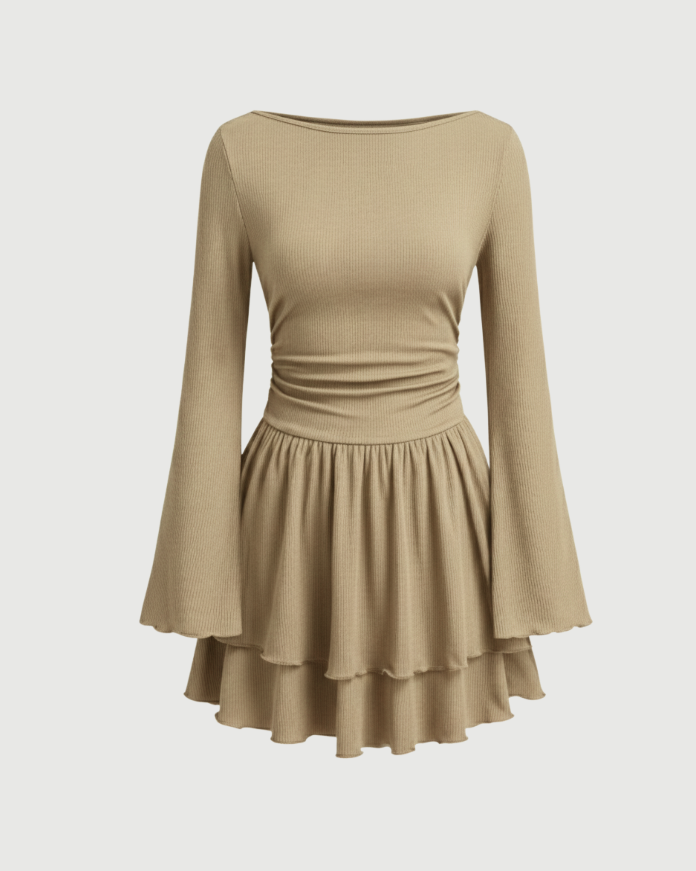 Bohemian Bell Sleeve Layered Mini Dress-Beige