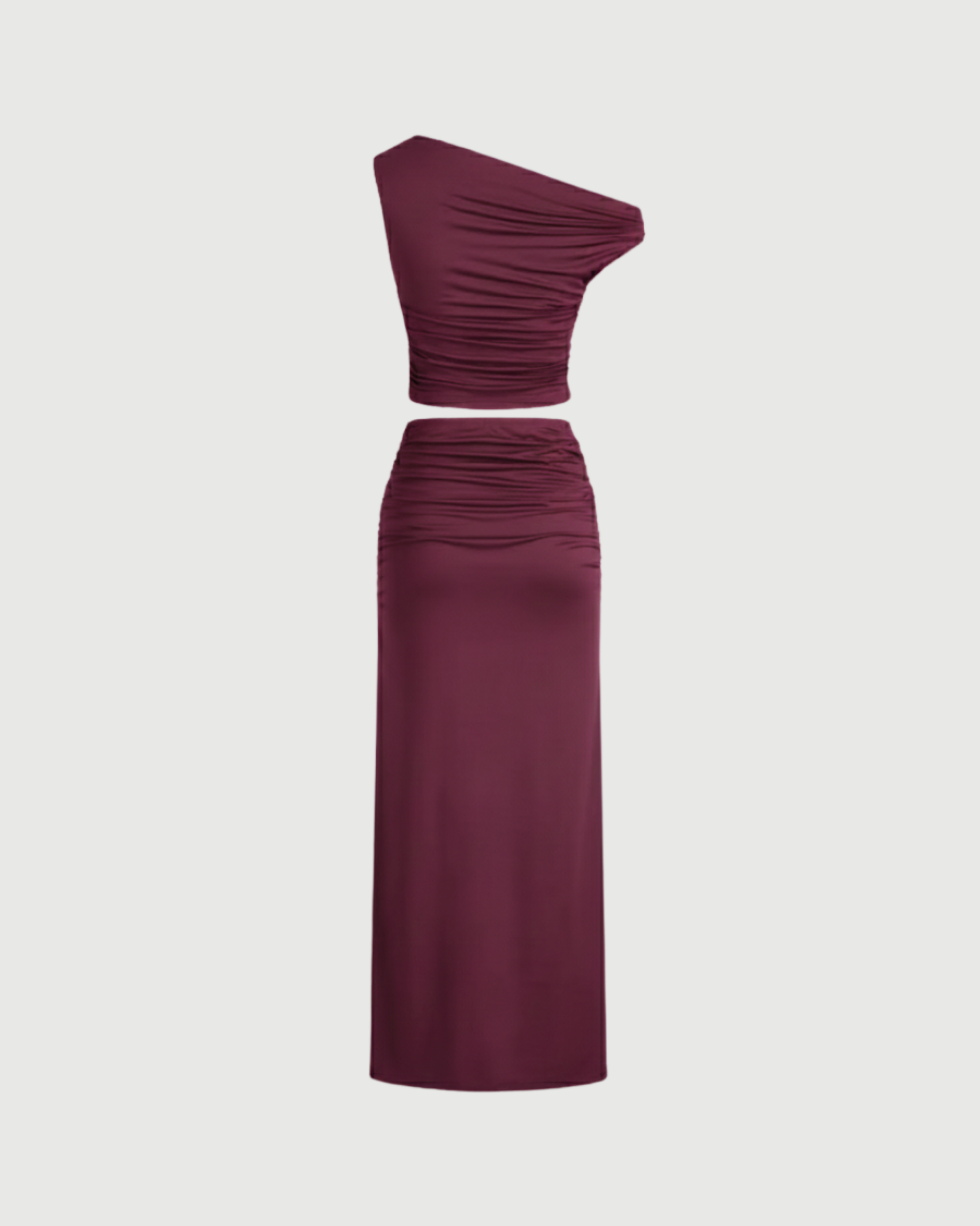 Two-Piece Asymmetrical Ruched Crop & Maxi Skirt Set-Maroon