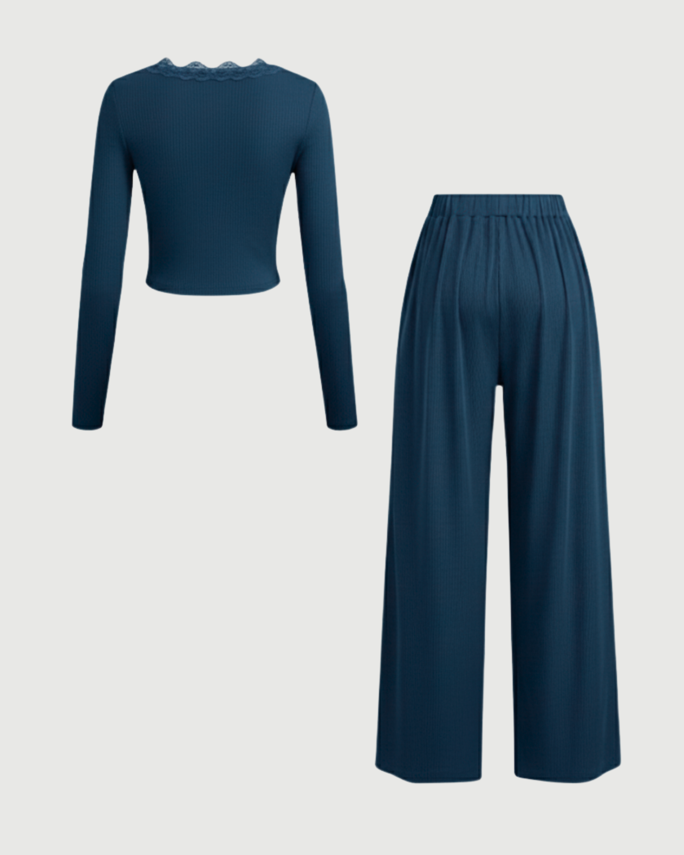 Lace Crop Top & Wide Leg Pant Set-Blue