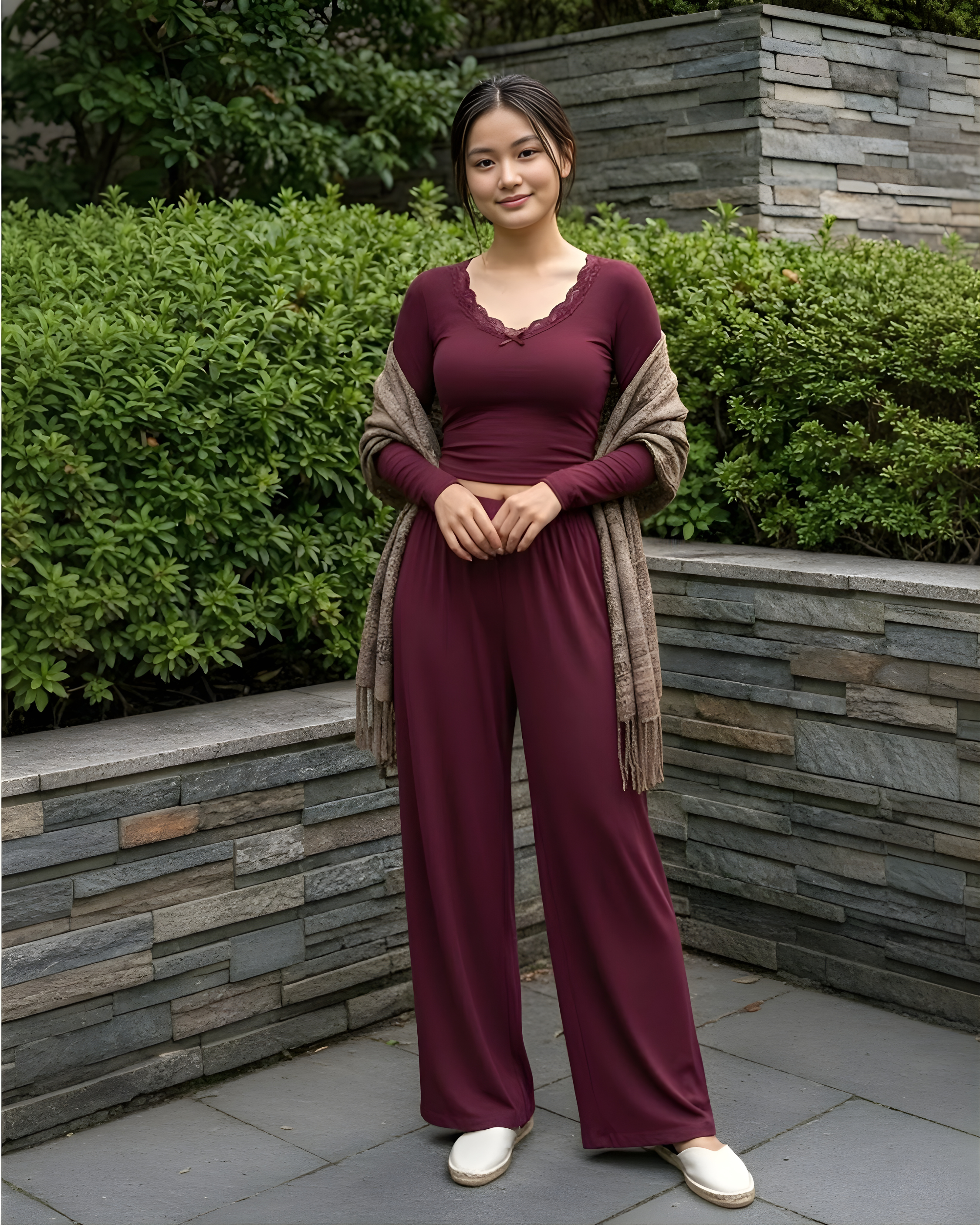 Lace Crop Top & Wide Leg Pant Set-Maroon