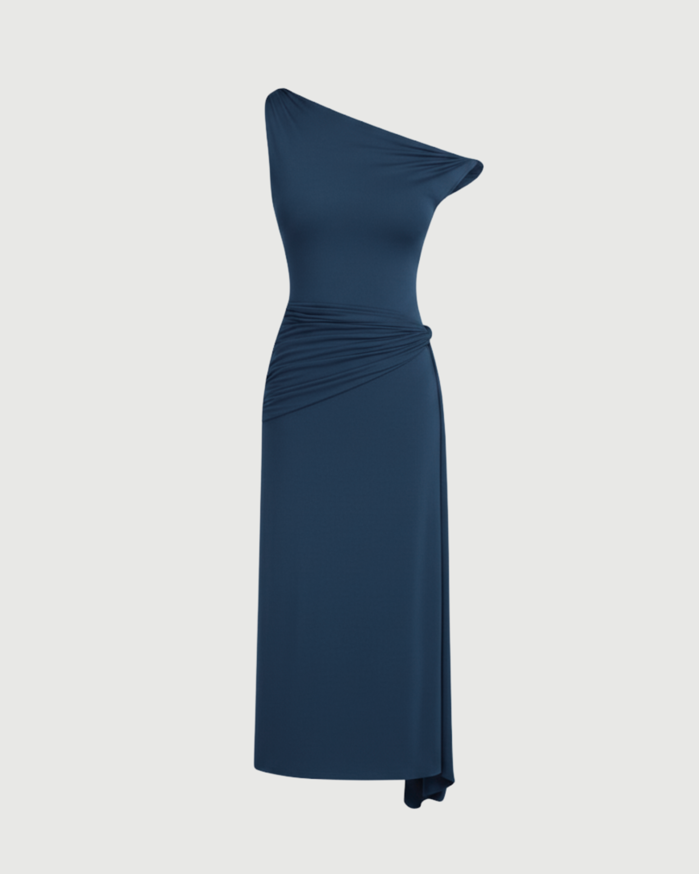 Sheer Mesh Draped Asymmetrical Maxi Dress-Blue