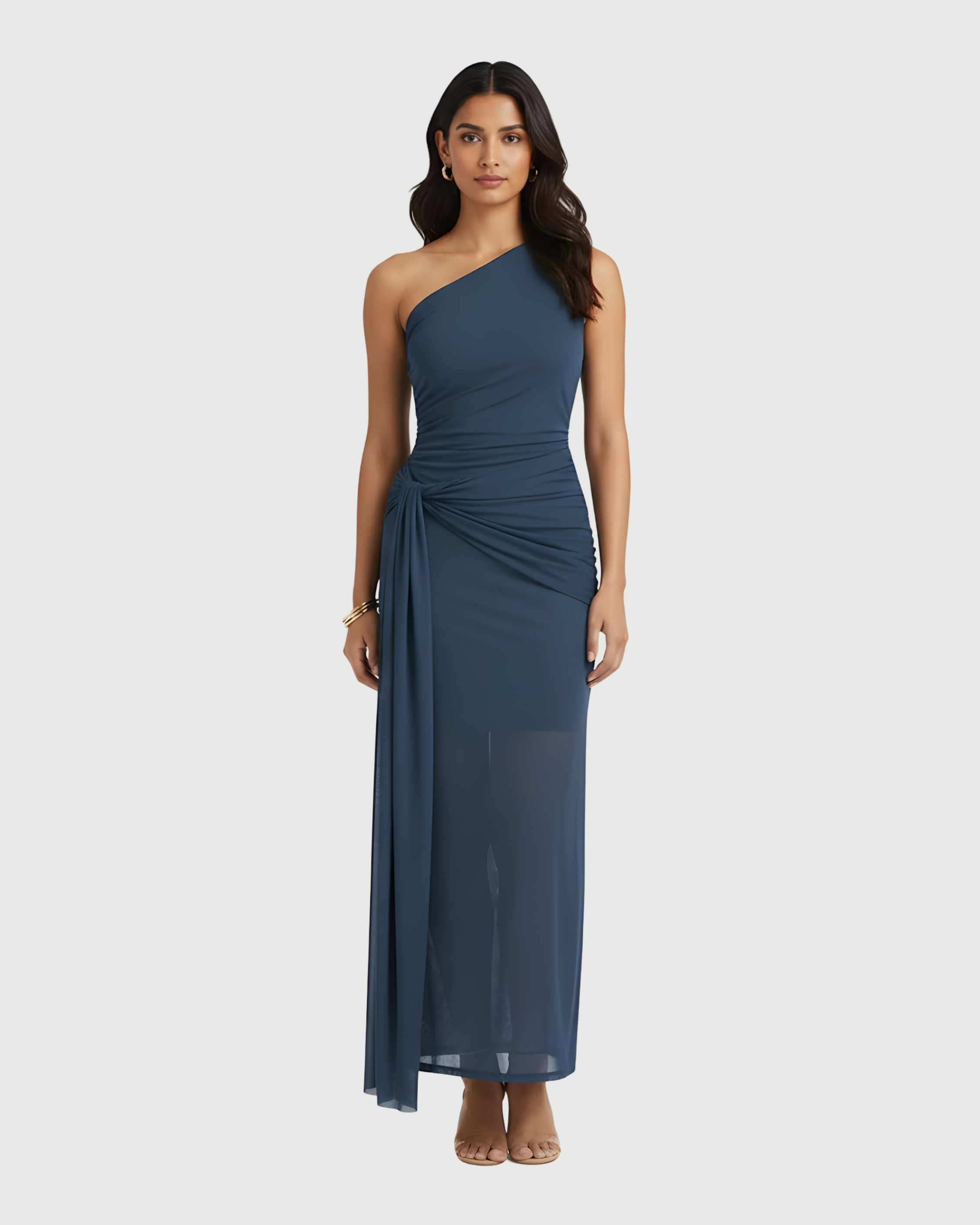 Sheer Mesh Draped Asymmetrical Maxi Dress-Blue