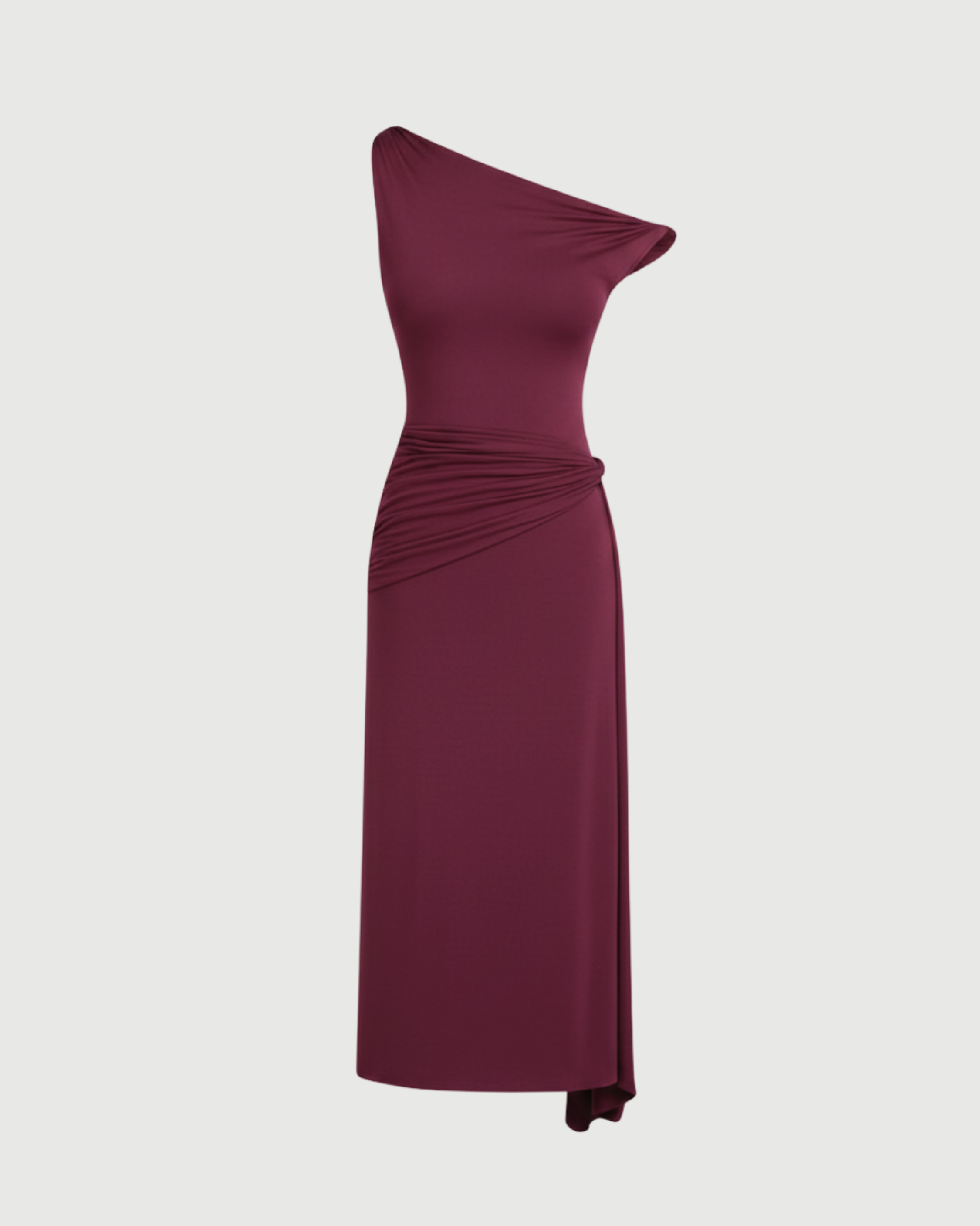 Sheer Mesh Draped Asymmetrical Maxi Dress-Maroon