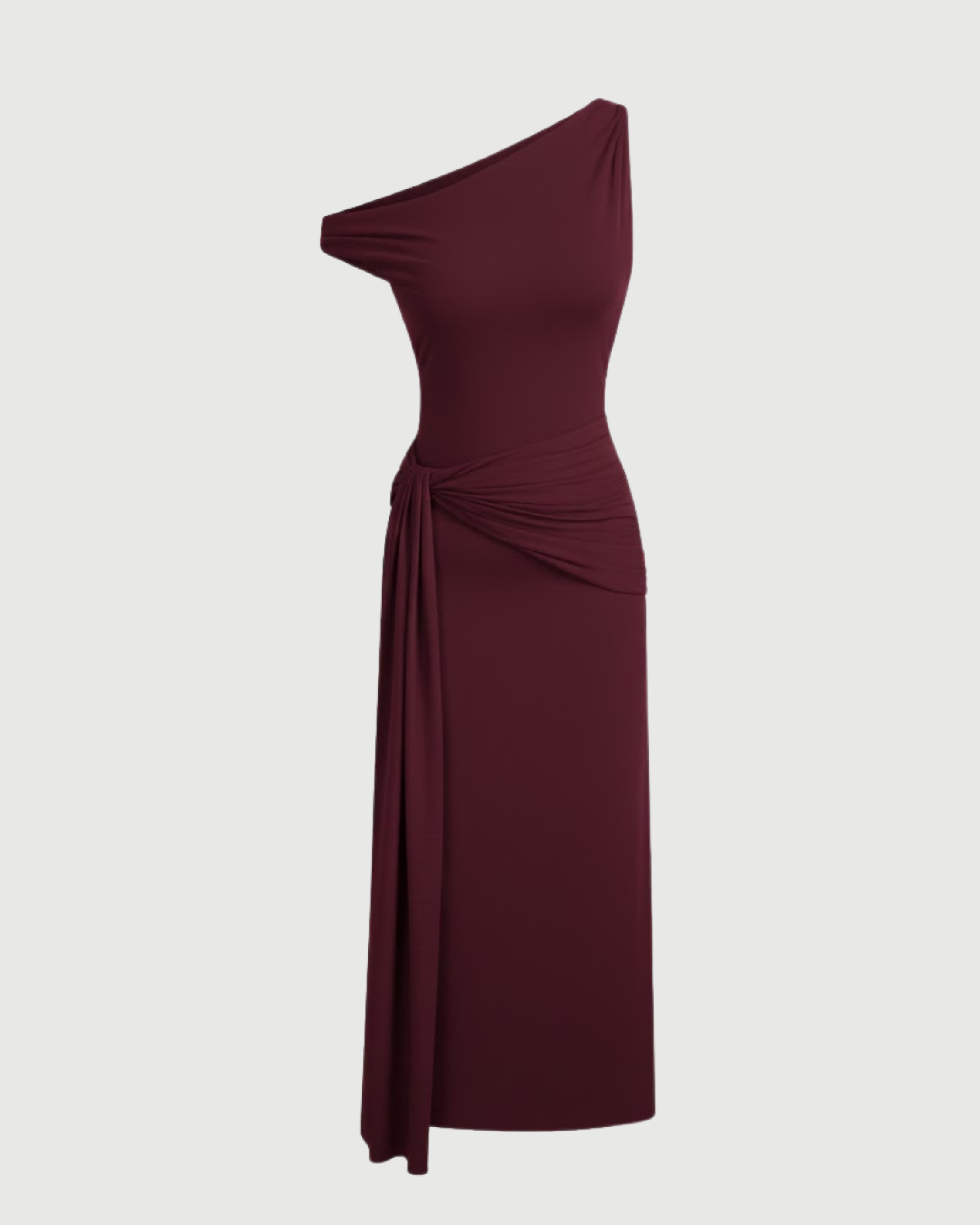 Sheer Mesh Draped Asymmetrical Maxi Dress-Maroon