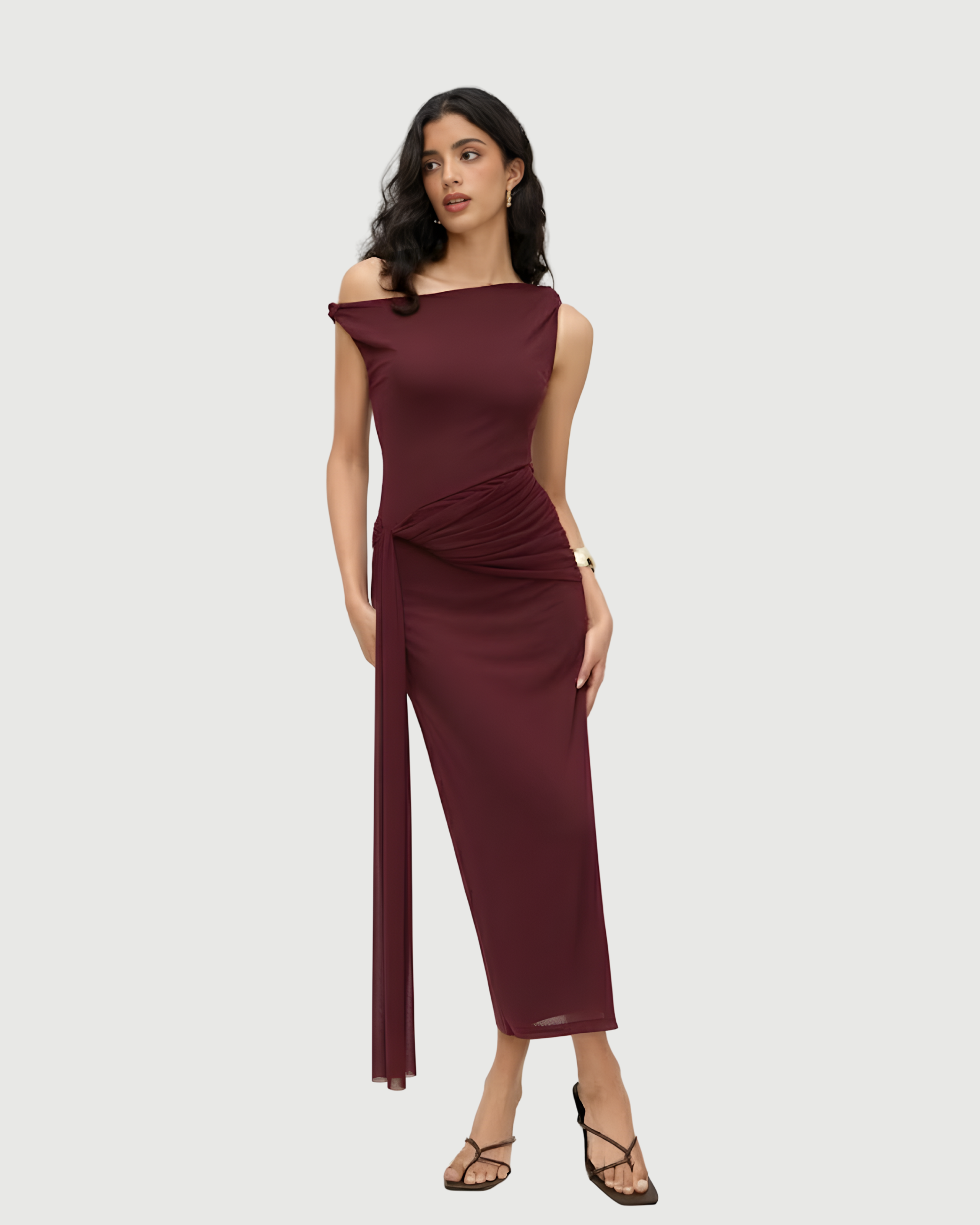 Sheer Mesh Draped Asymmetrical Maxi Dress-Maroon