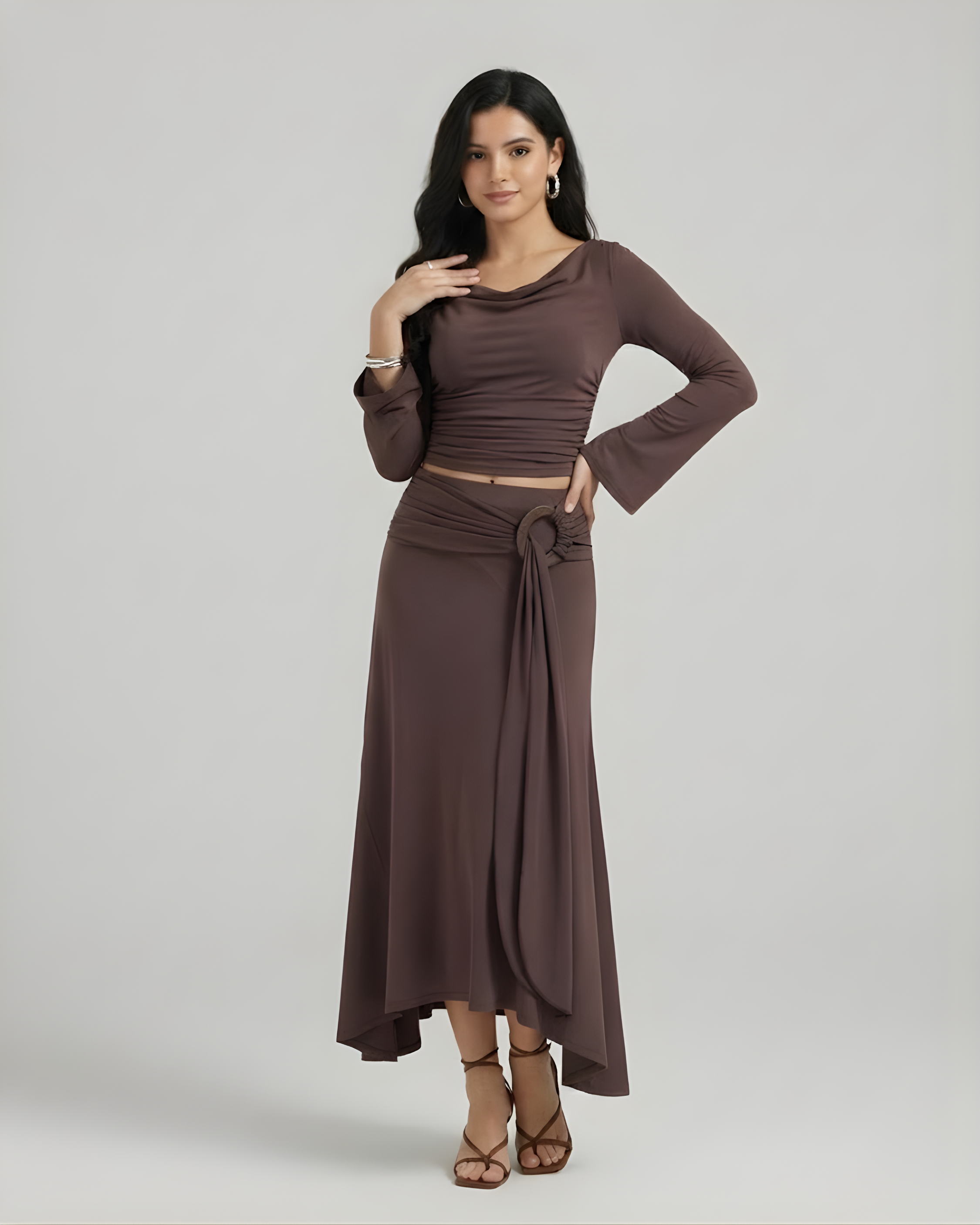 Belted Cowl Neck Bell Sleeve Co-ord Set