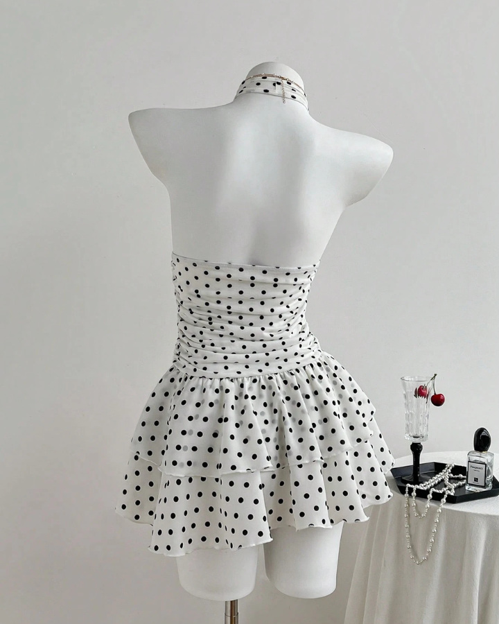 Polka Dot Deep V-Neck Backless Ruffle Mini Dress-Black & White