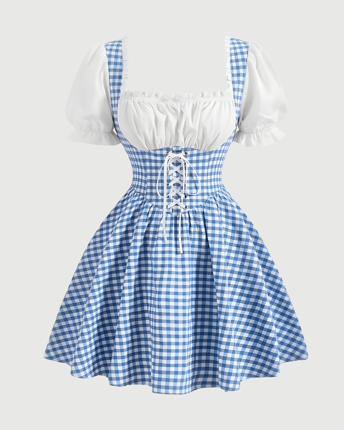 Vintage Cottagecore Gingham Dress-Light Blue & White