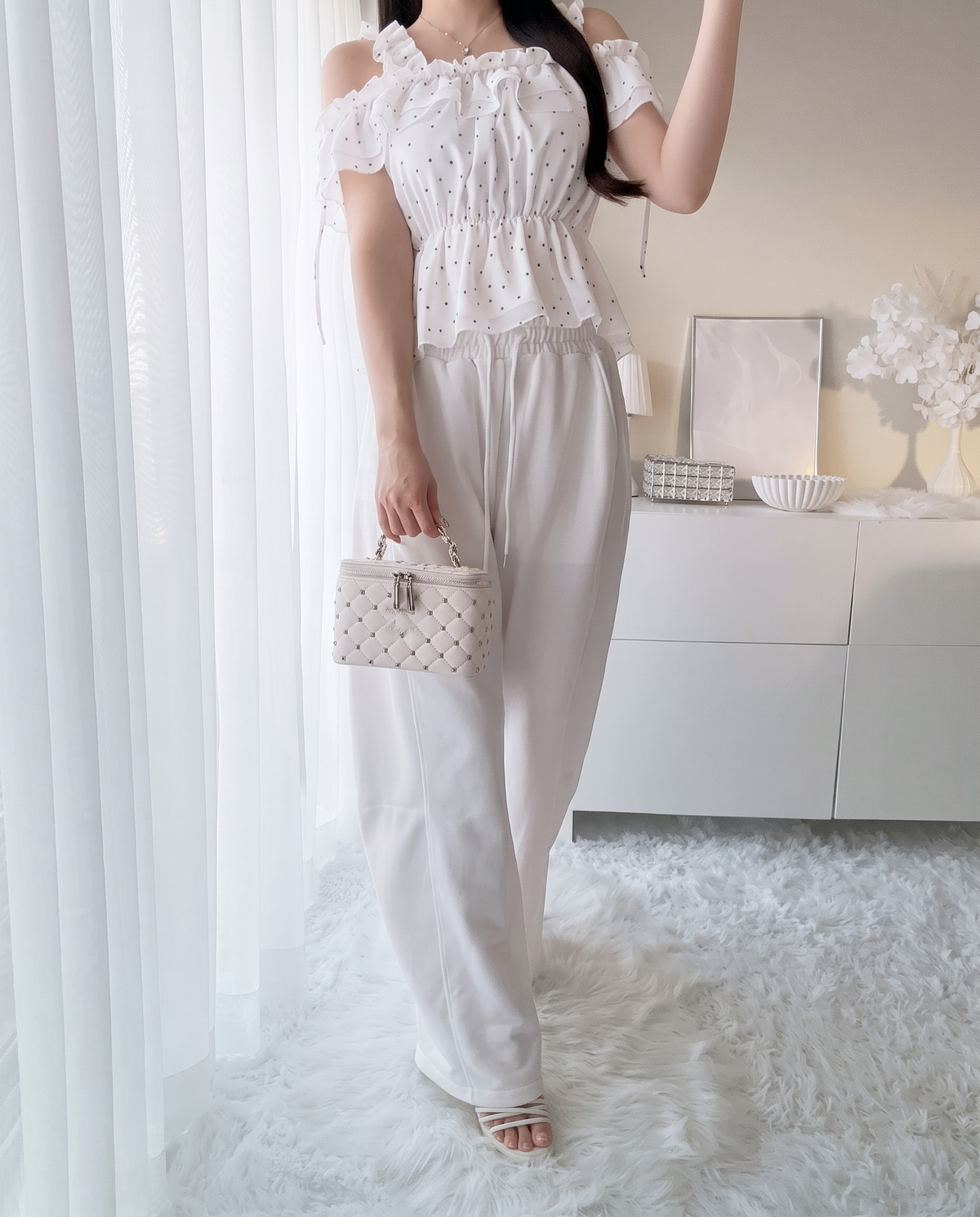 Polka Dot Ruffle Cold-Shoulder Peplum Top in White