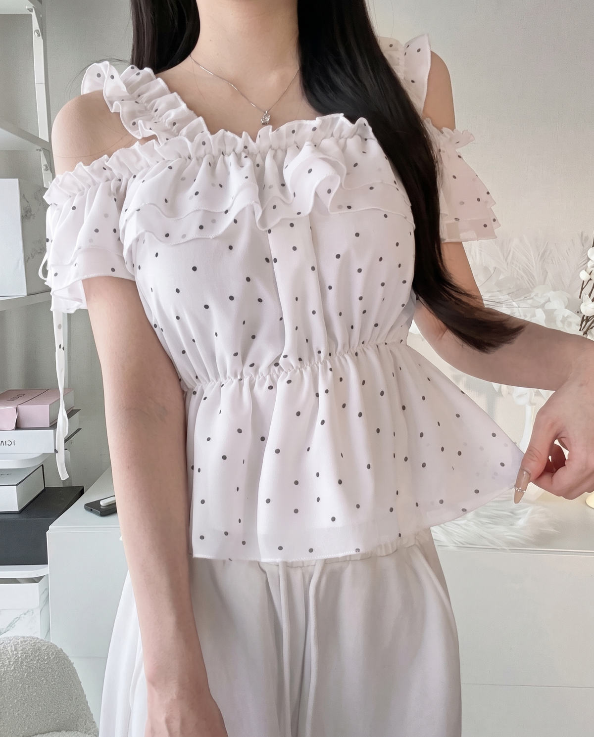 Polka Dot Ruffle Cold-Shoulder Peplum Top in White