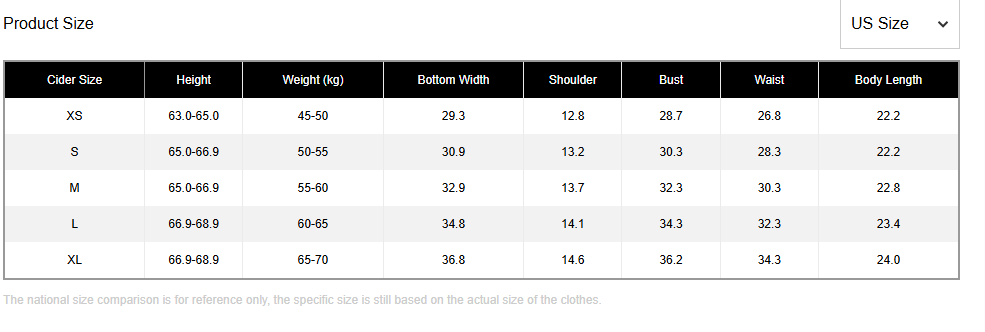 Size chart for this product