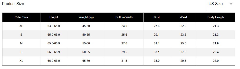 Size chart for this product