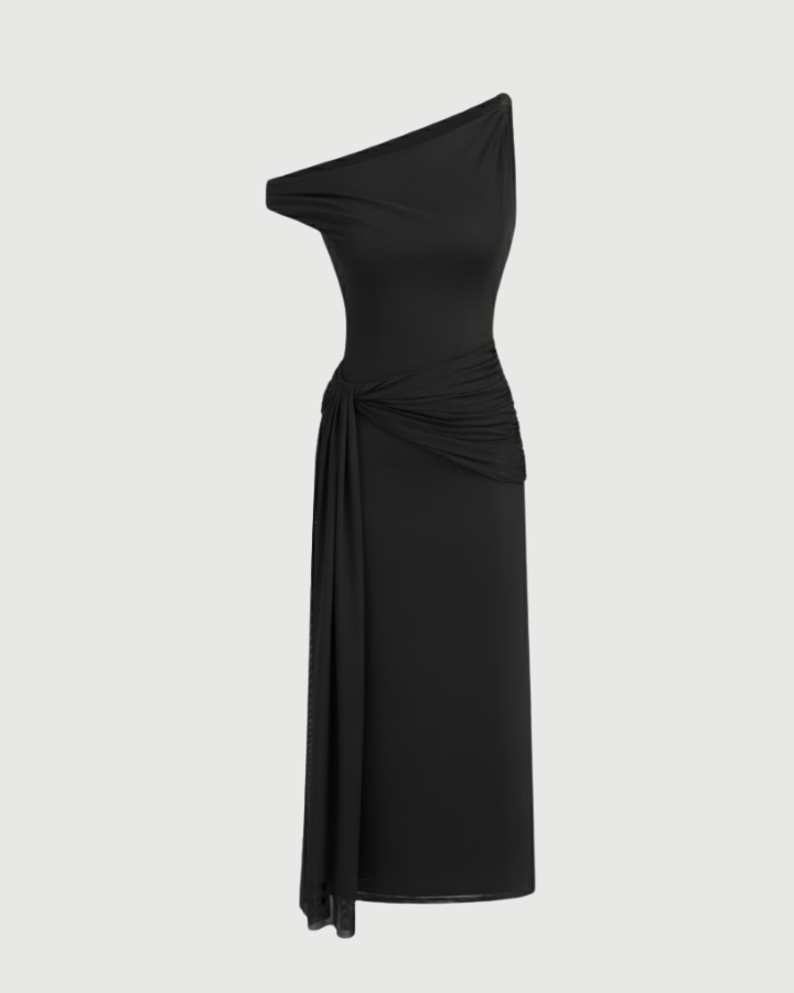 Sheer Mesh Draped Asymmetrical Maxi Dress - Black