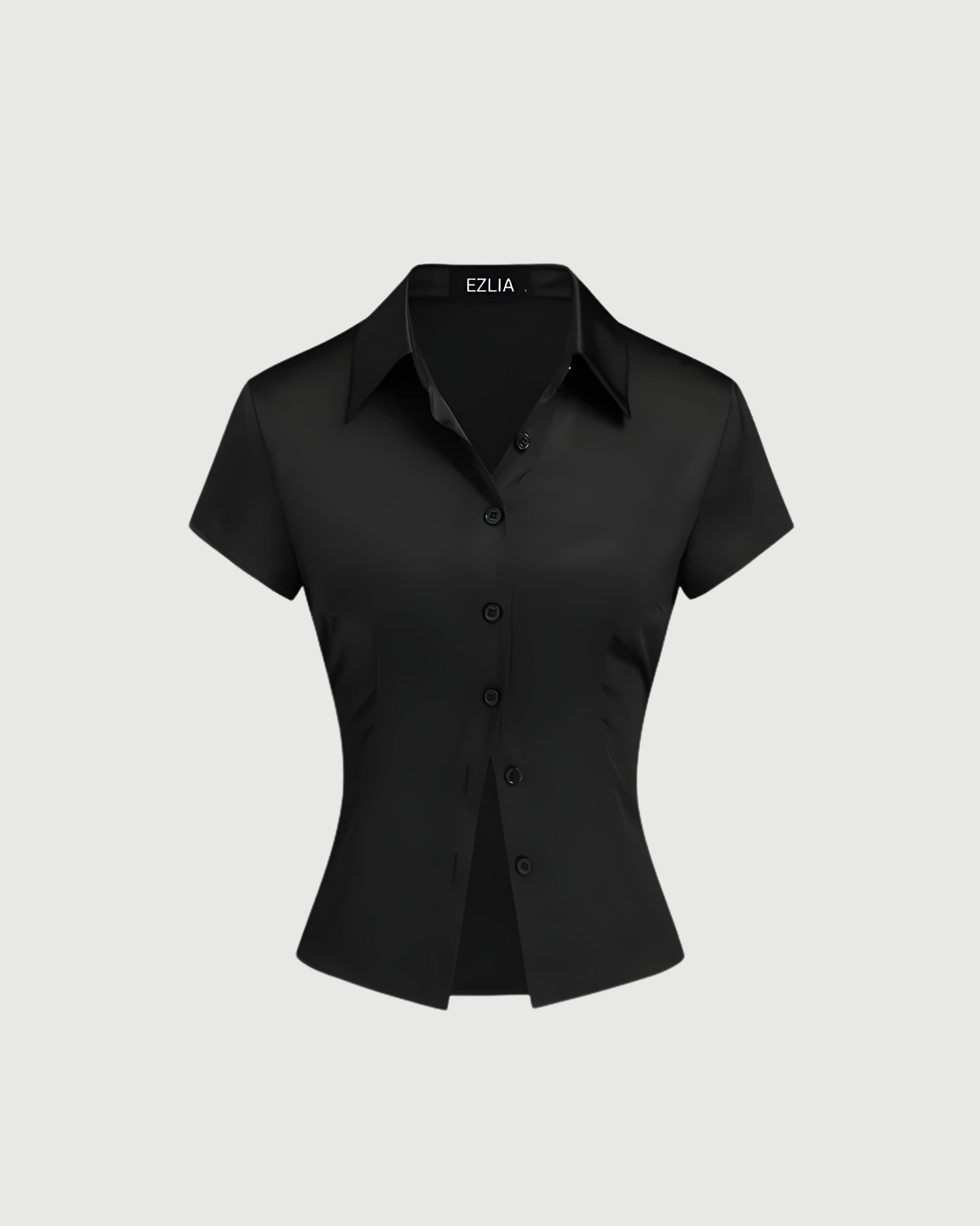 Collared Satin Shirt with Short Sleeves - Black