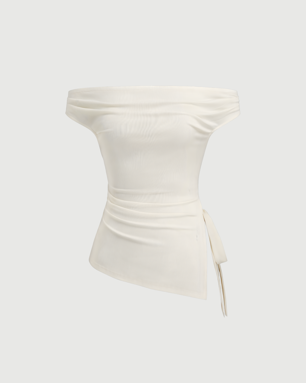 Off-shoulder Ruched Knotted Asymmetrical Hem Top-Beige