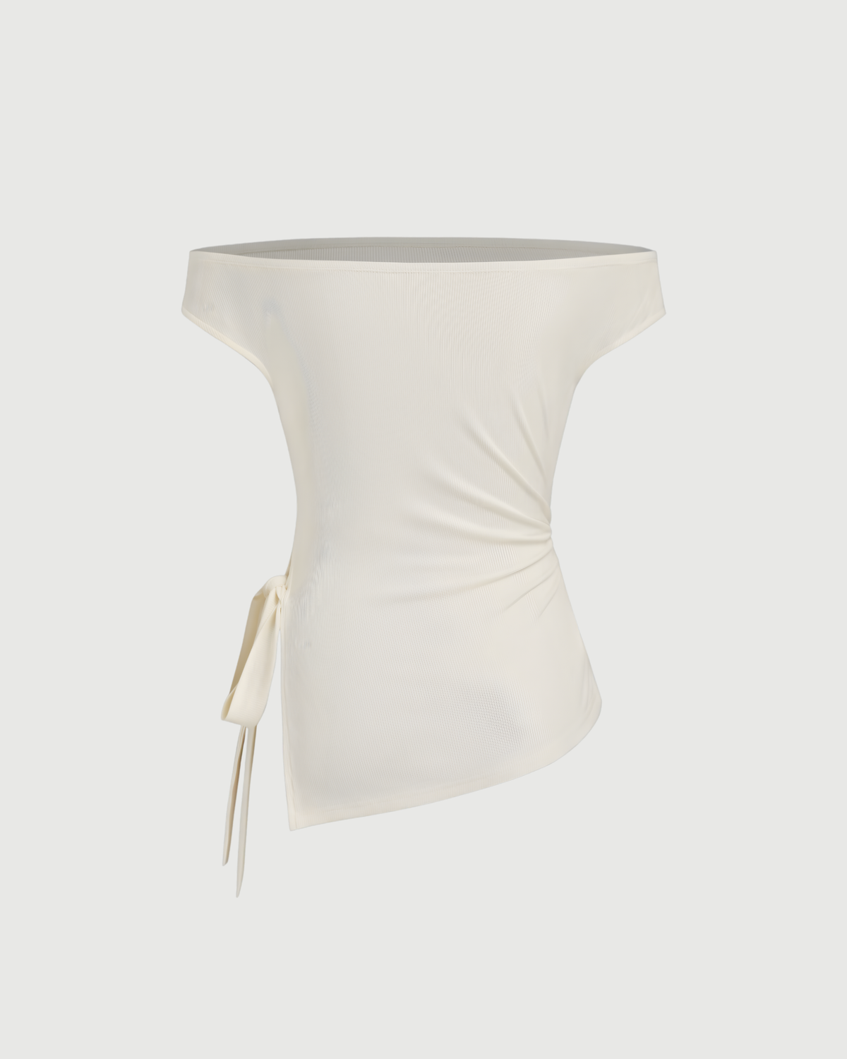 Off-shoulder Ruched Knotted Asymmetrical Hem Top-Beige
