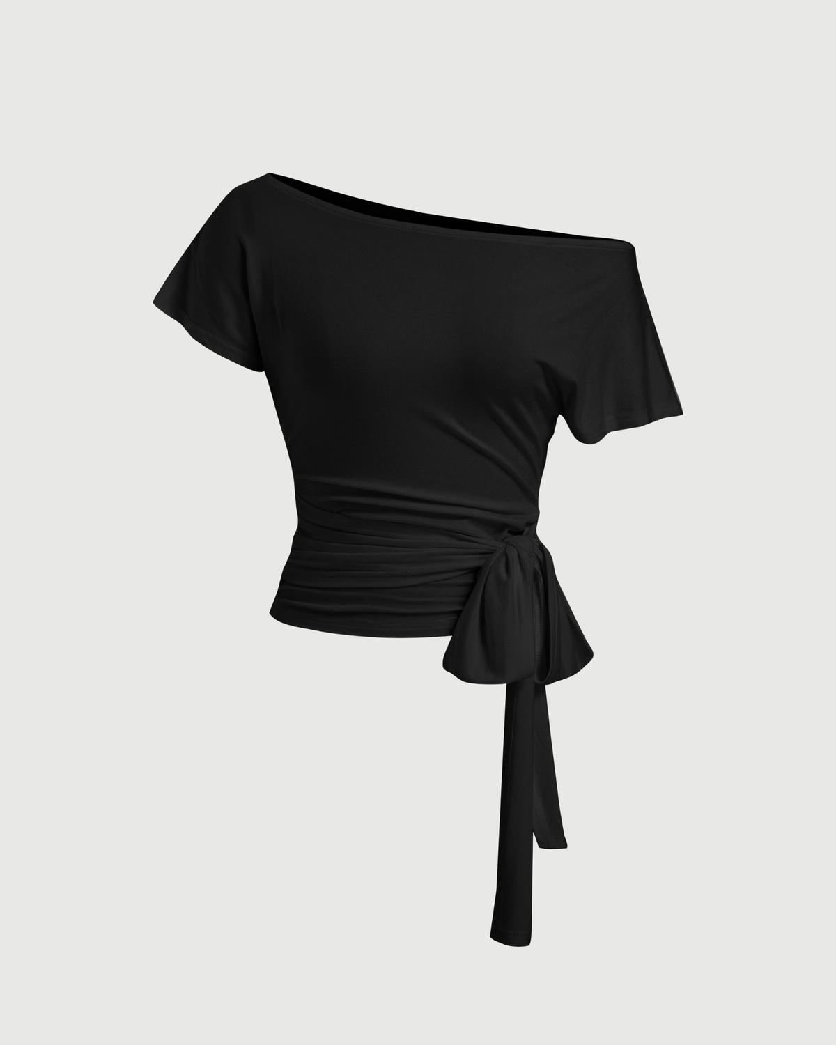 Asymmetrical Neck Short Sleeve Knotted Ruched Top-Black