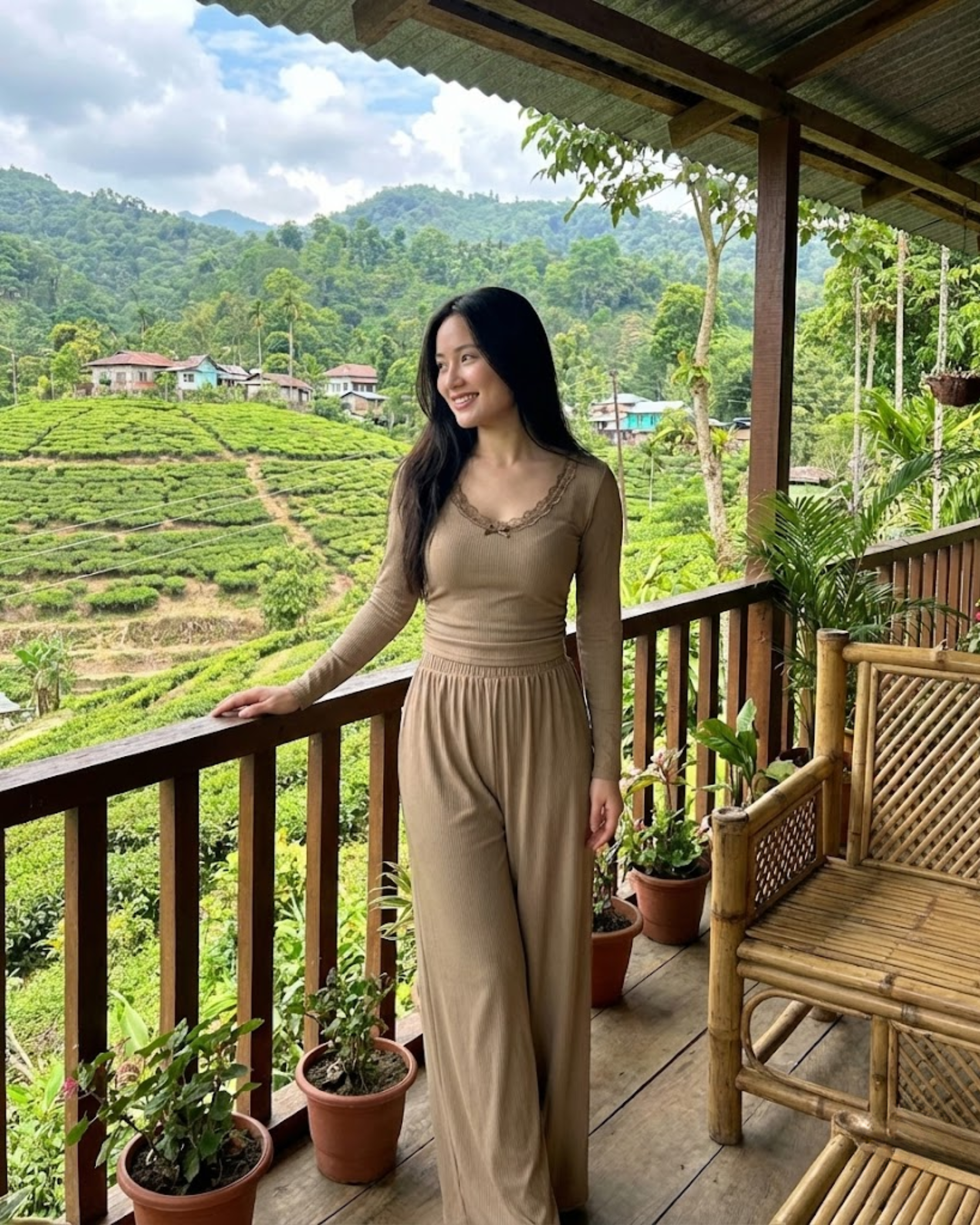 Lace Crop Top & Wide Leg Pant Set-Beige