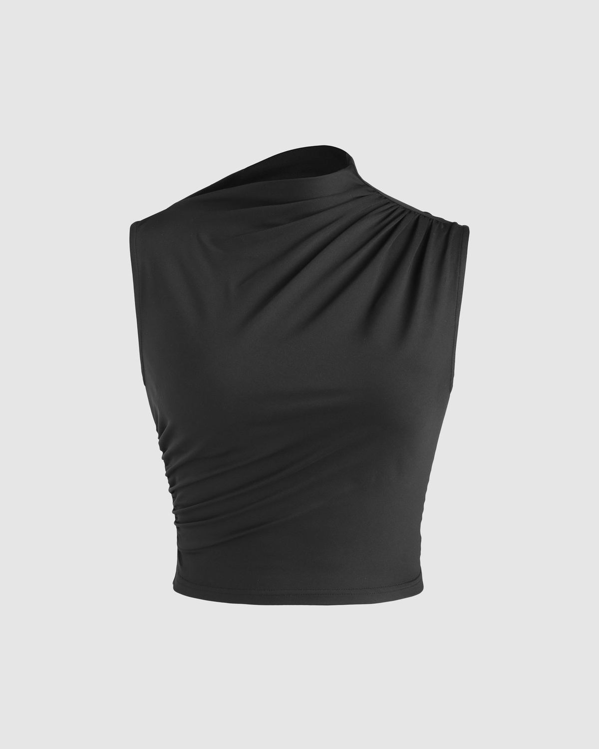 Knit Fabric Asymmetrical Neck Ruched Crop Tank Top-Black