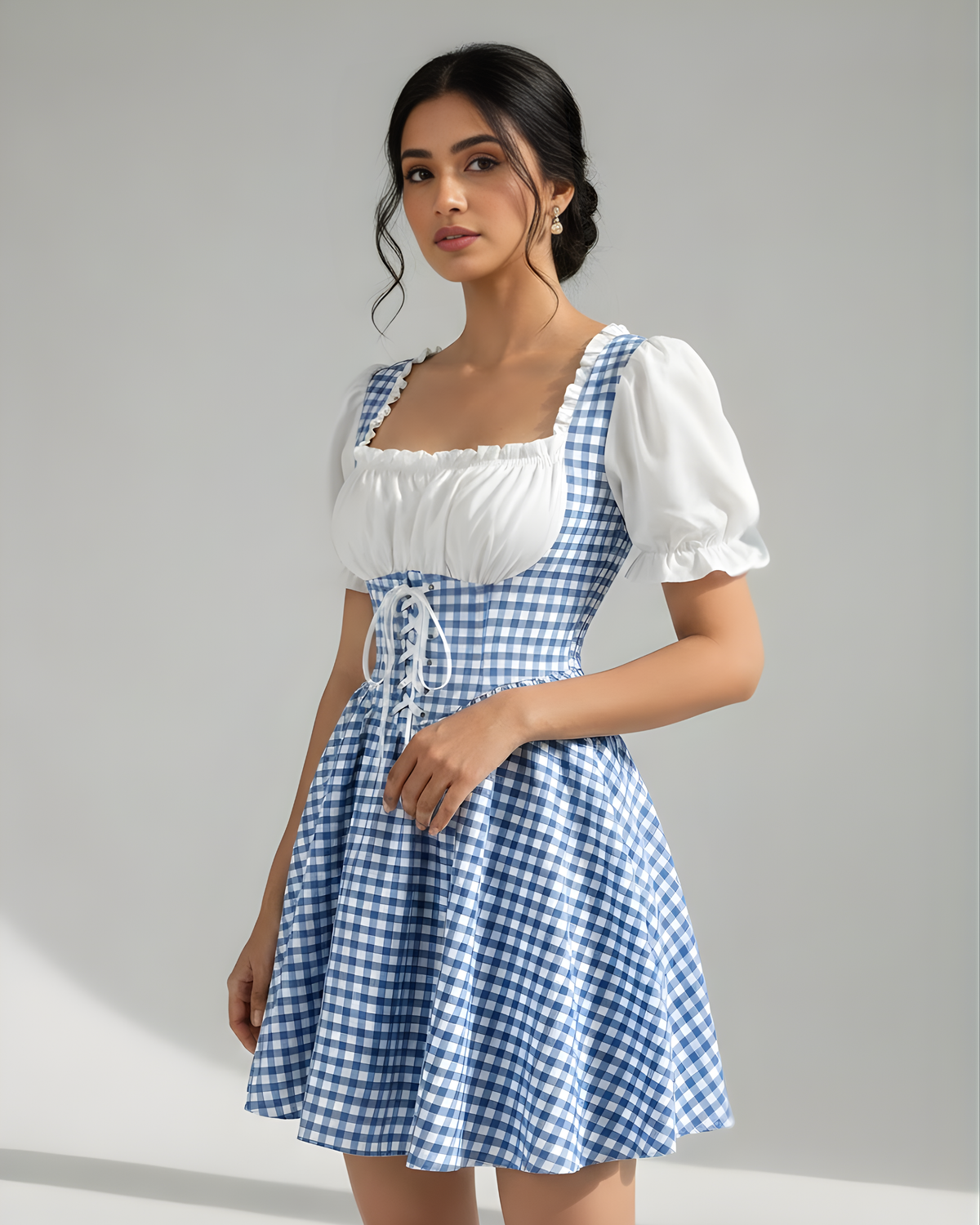 Vintage Cottagecore Gingham Dress-Light Blue & White