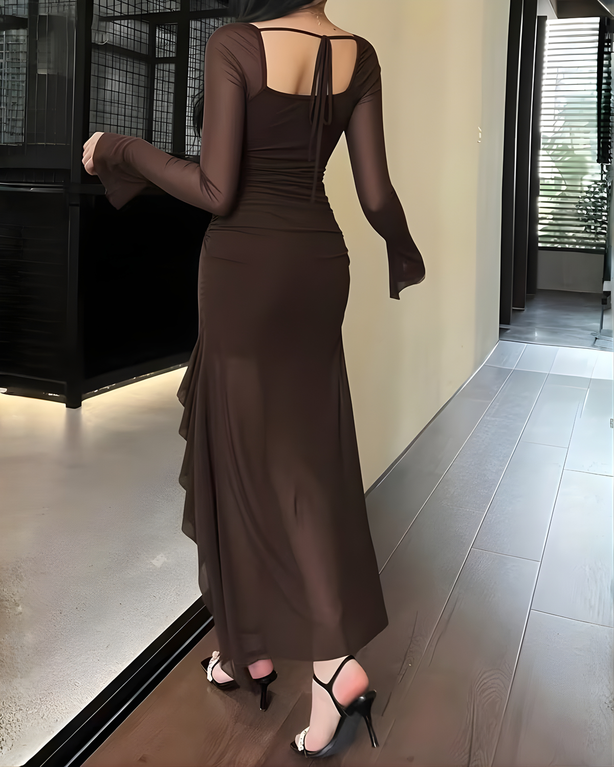Sheer Mesh Long Sleeve Sweetheart Maxi Dress-Brown